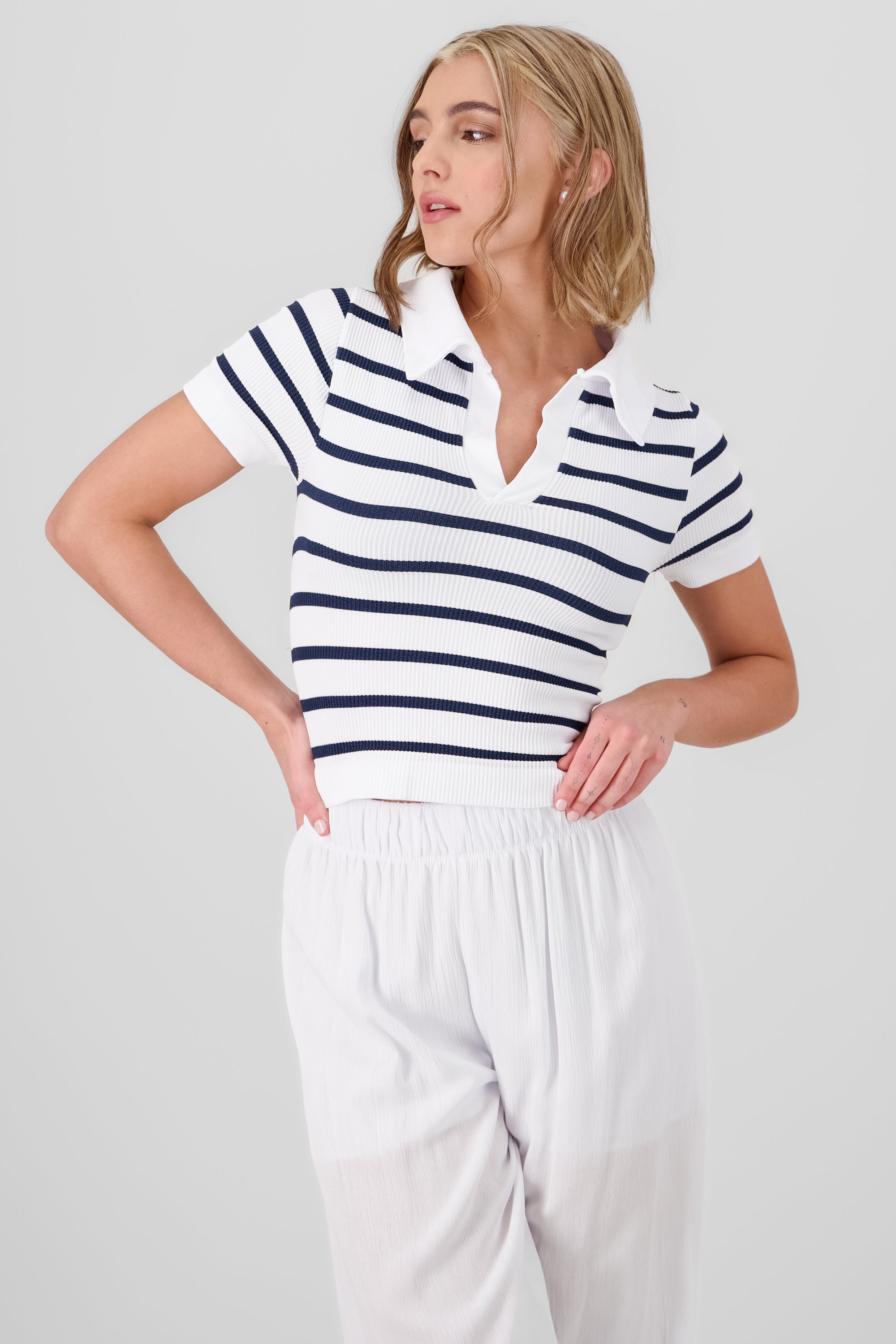 Stripped Polo Neck Top NAVY COMBO