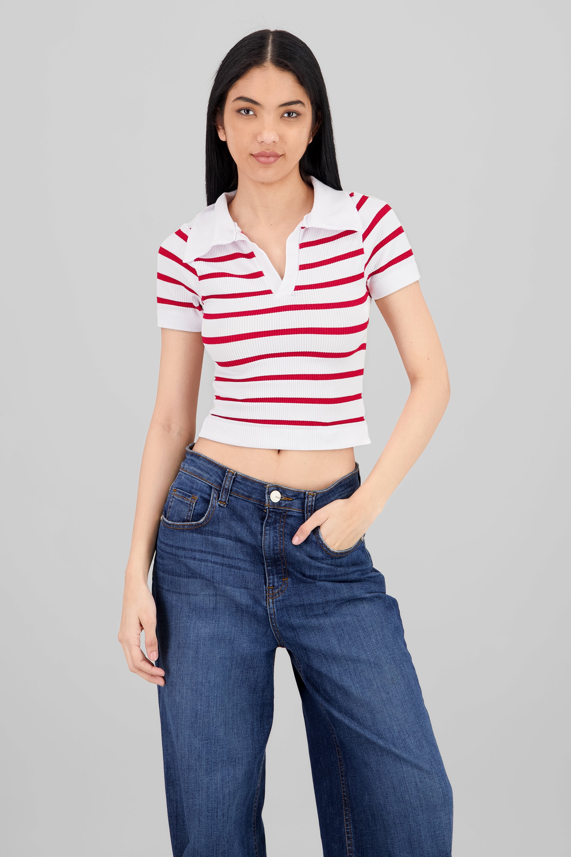 Stripped Polo Neck Top RED COMBO