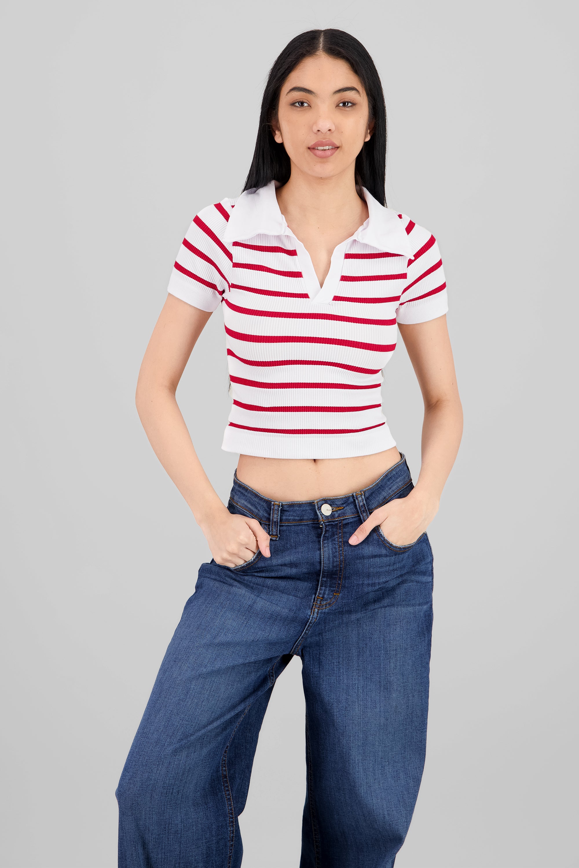 Stripped Polo Neck Top RED COMBO