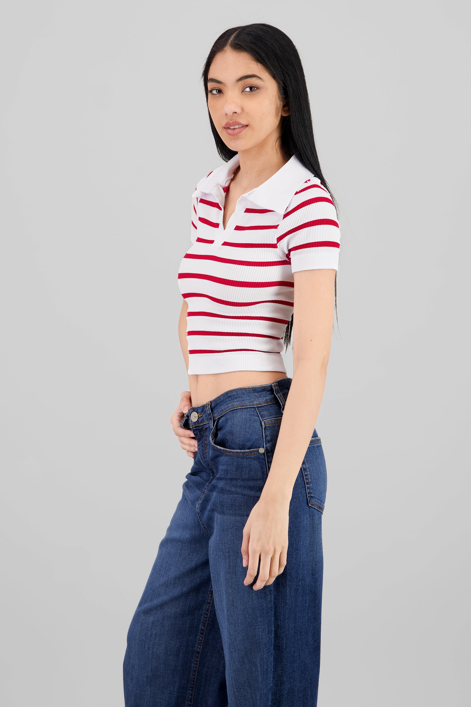 Stripped Polo Neck Top RED COMBO