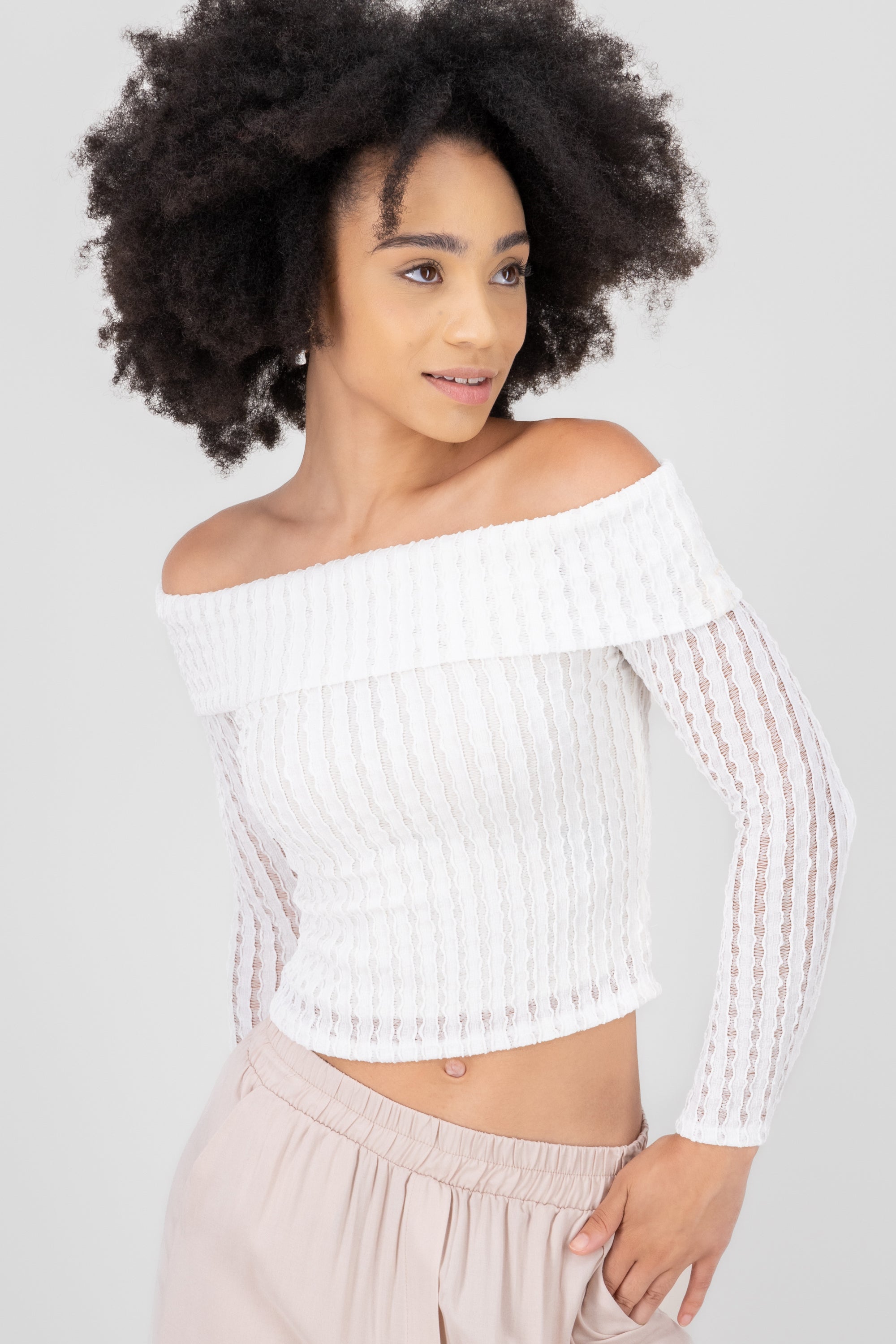 Textured Off the Shoulder Long Sleeve Top WHITE