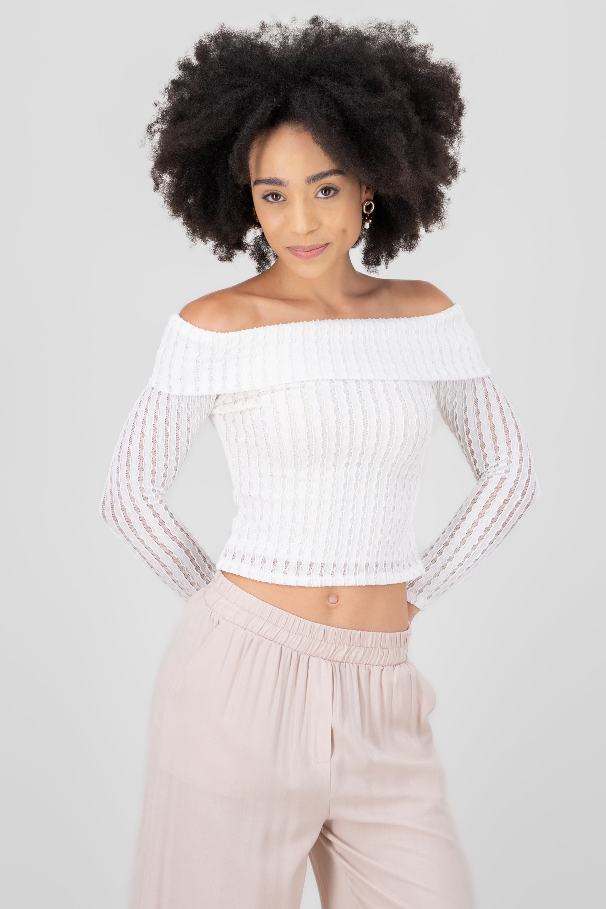 Textured Off the Shoulder Long Sleeve Top WHITE