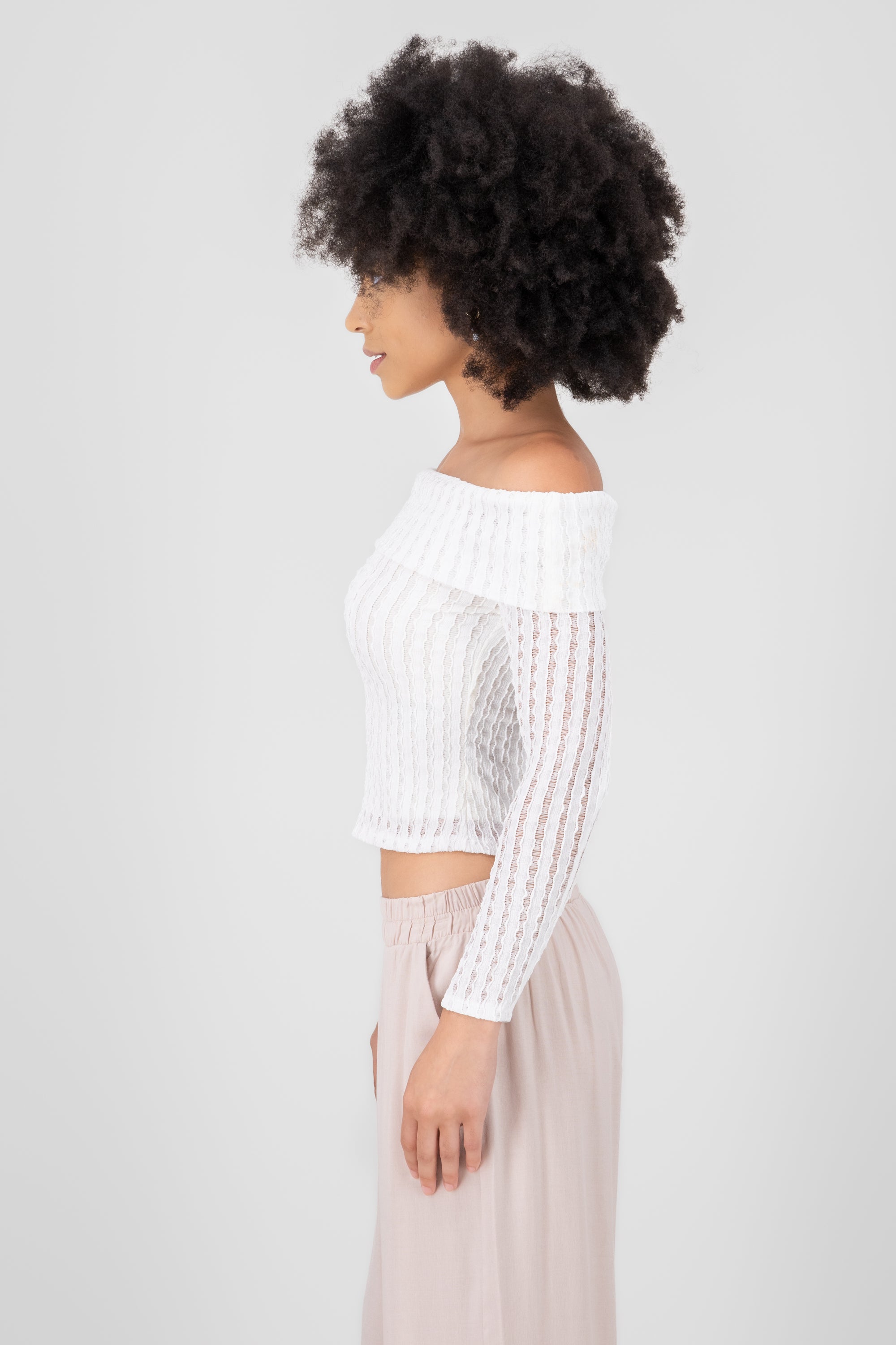 Textured Off the Shoulder Long Sleeve Top WHITE