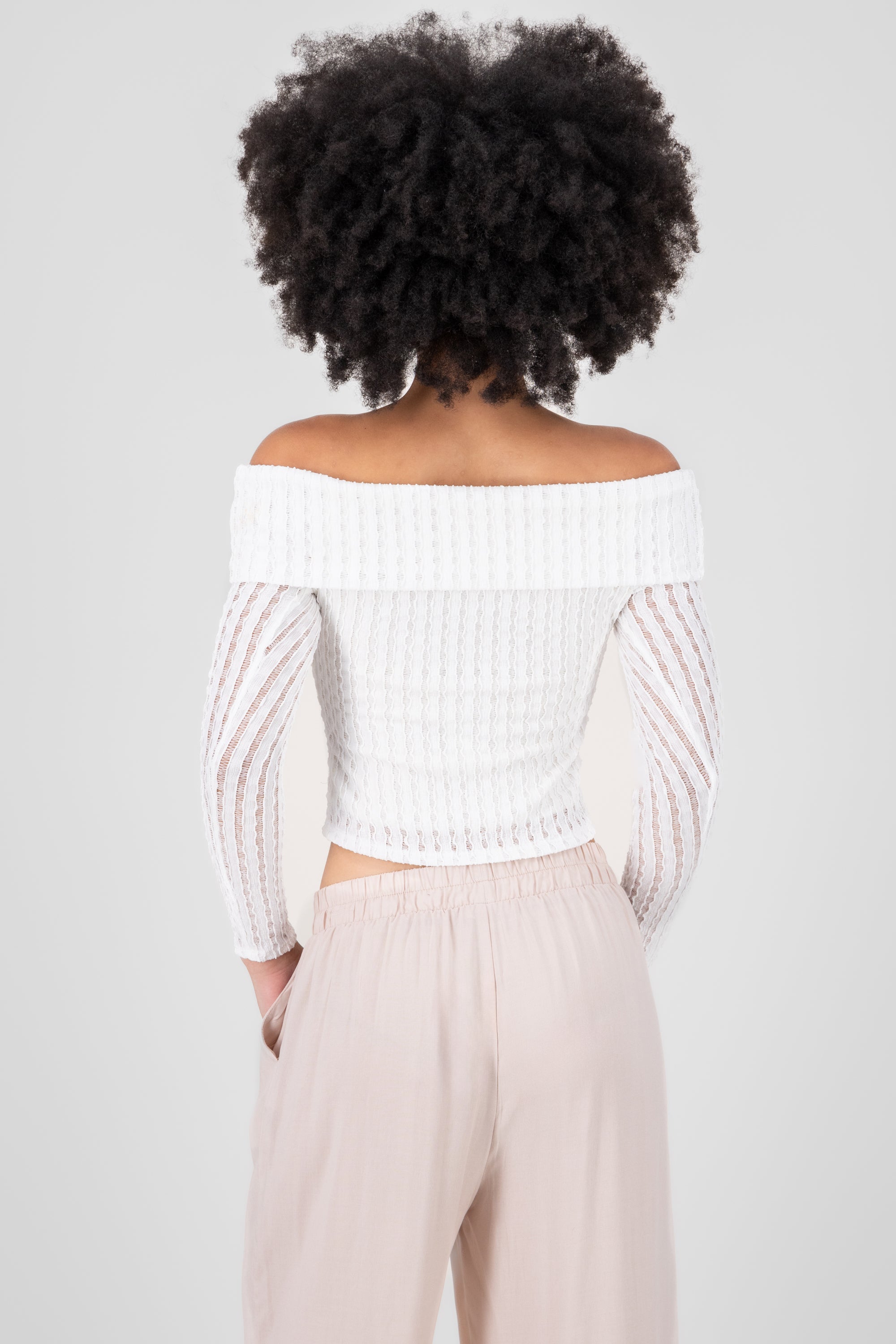 Textured Off the Shoulder Long Sleeve Top WHITE