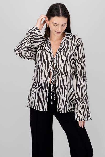 Zebra Print Tie Front Blouse BLACK COMBO