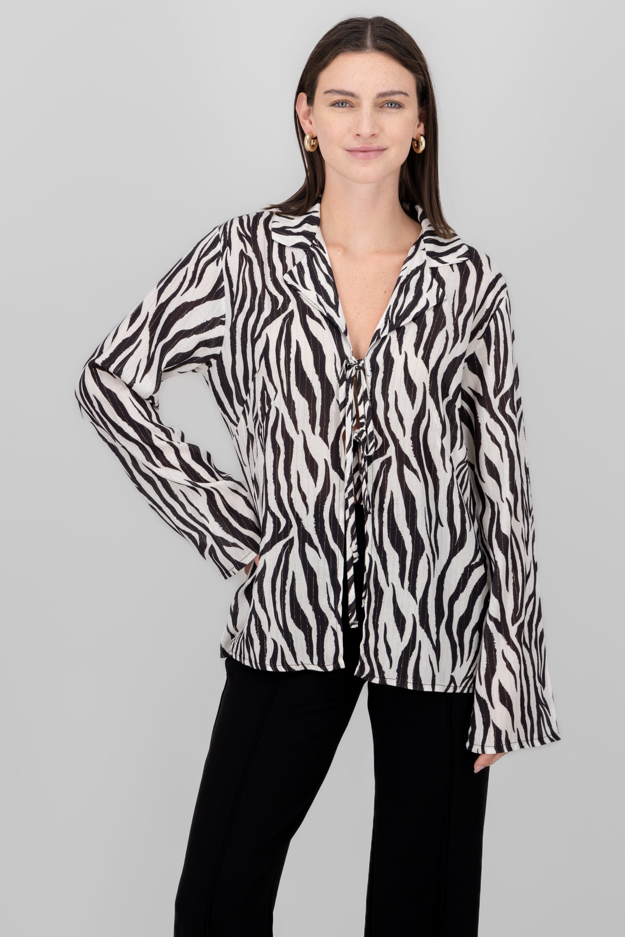 Zebra Print Tie Front Blouse BLACK COMBO