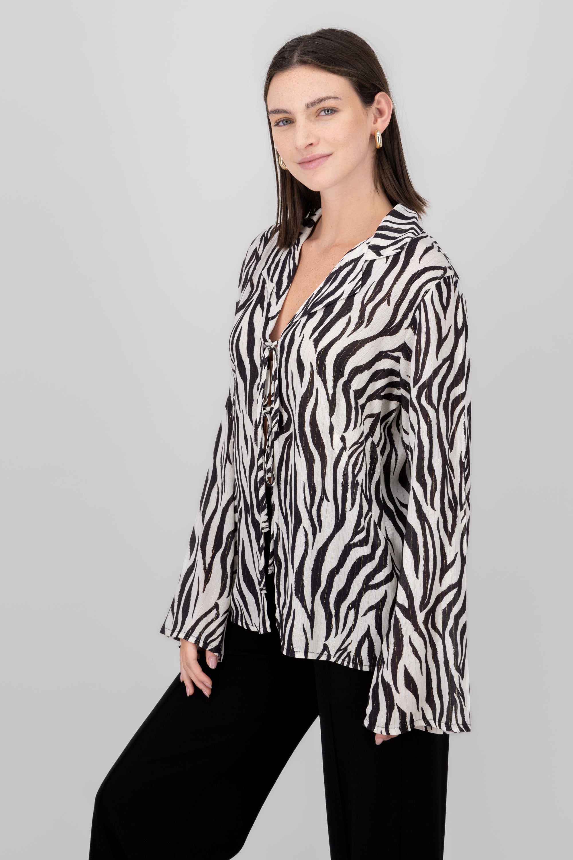 Zebra Print Tie Front Blouse BLACK COMBO