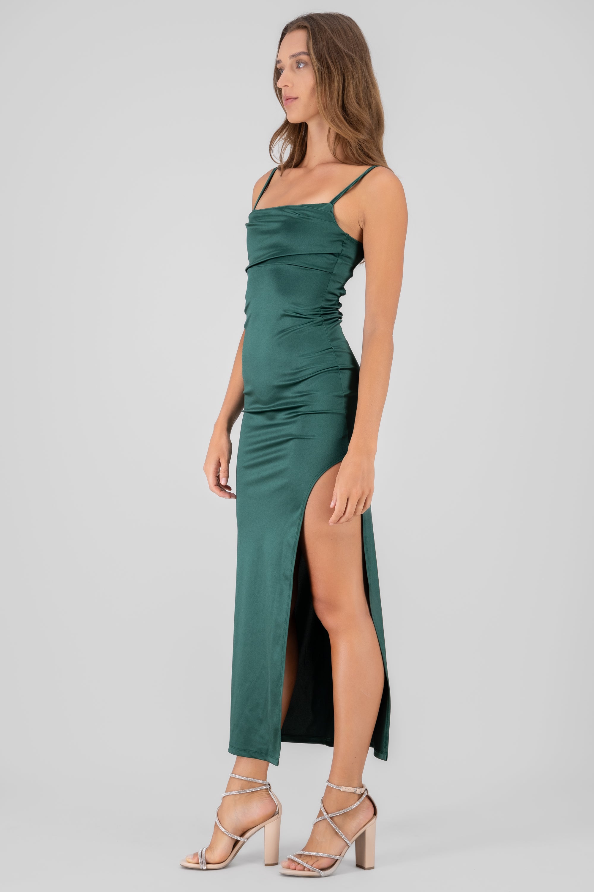 Square Neck Satin Dress HUNTER GREEN