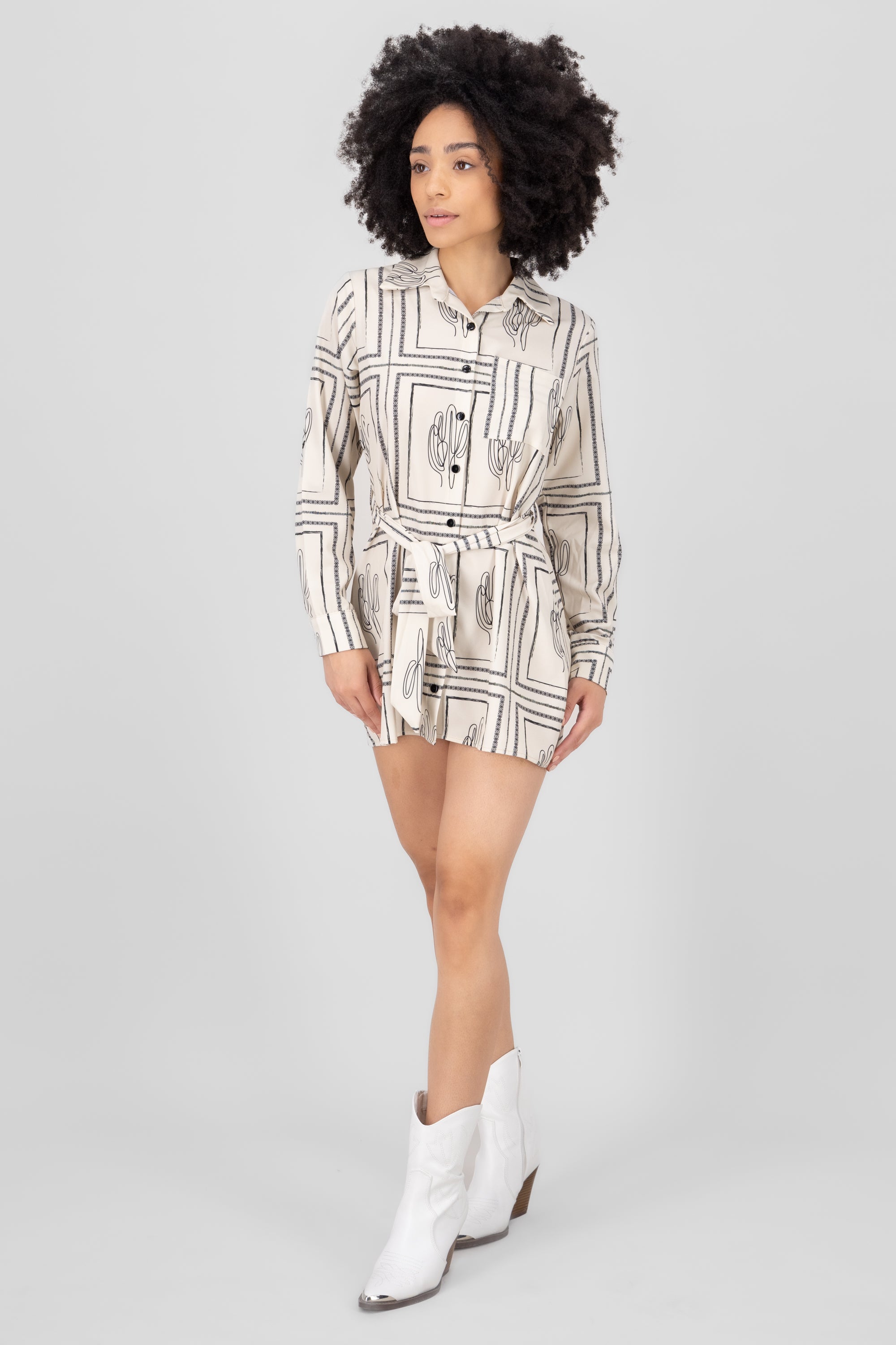 Cactus Printed Shirt Dress BONE COMBO