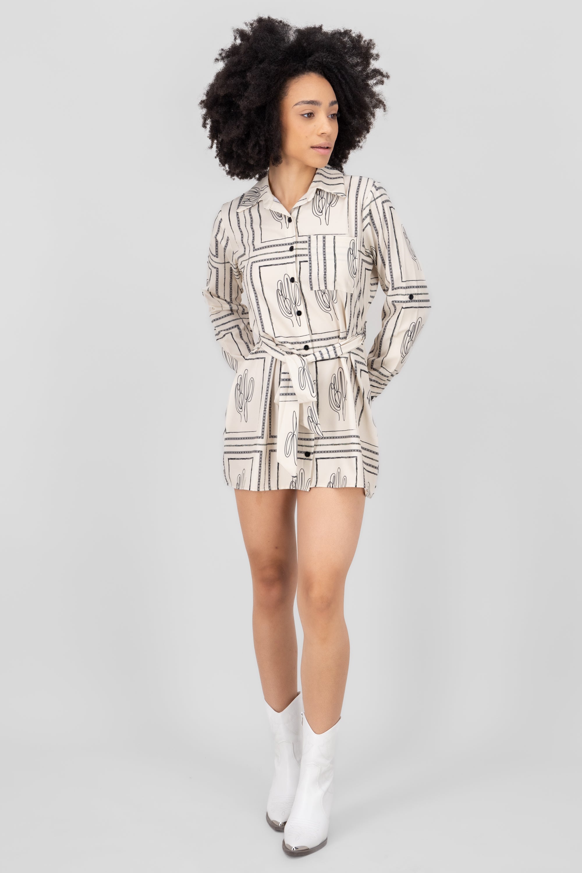 Cactus Printed Shirt Dress BONE COMBO