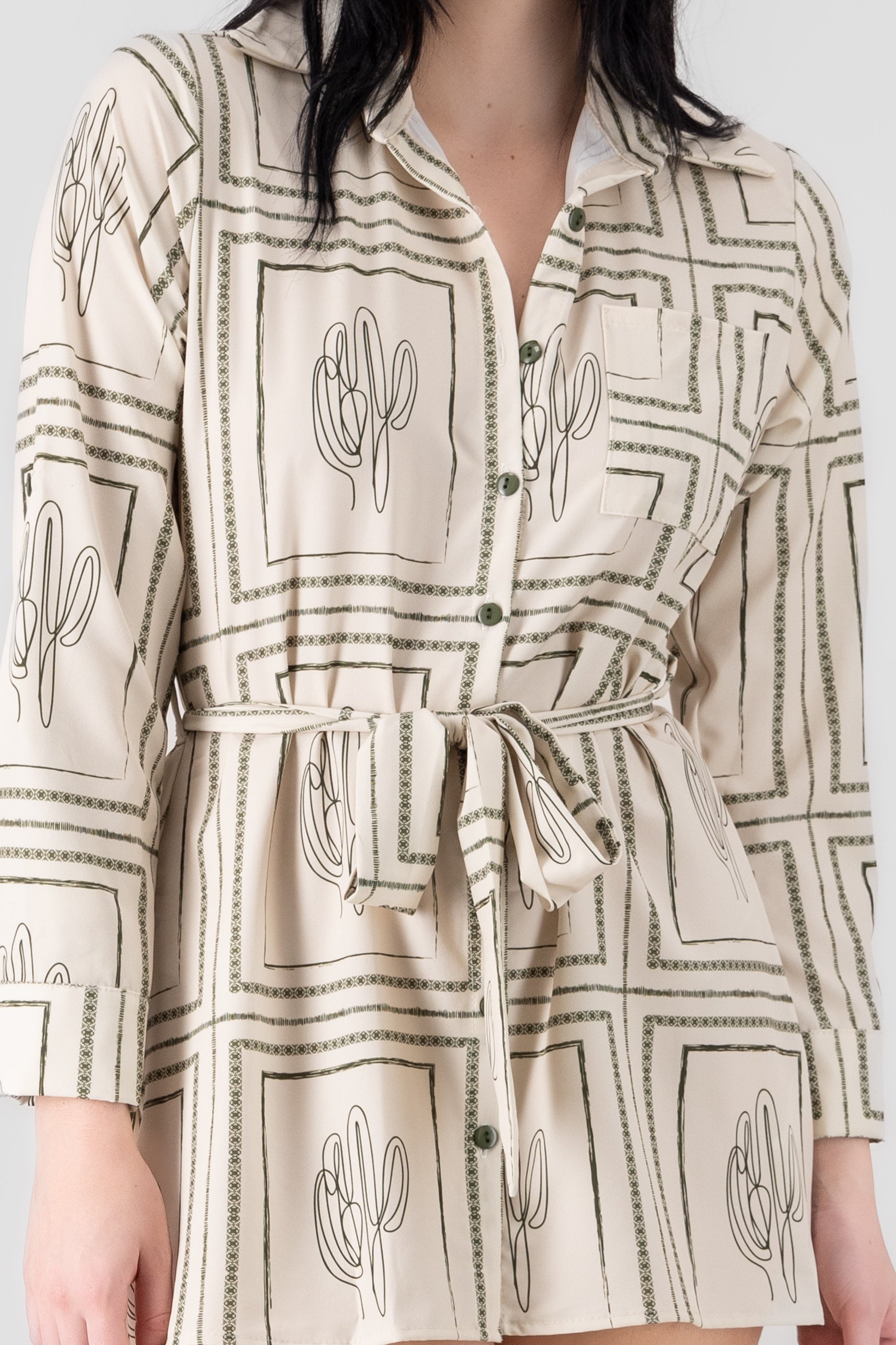 Cactus Printed Shirt Dress OLIVE