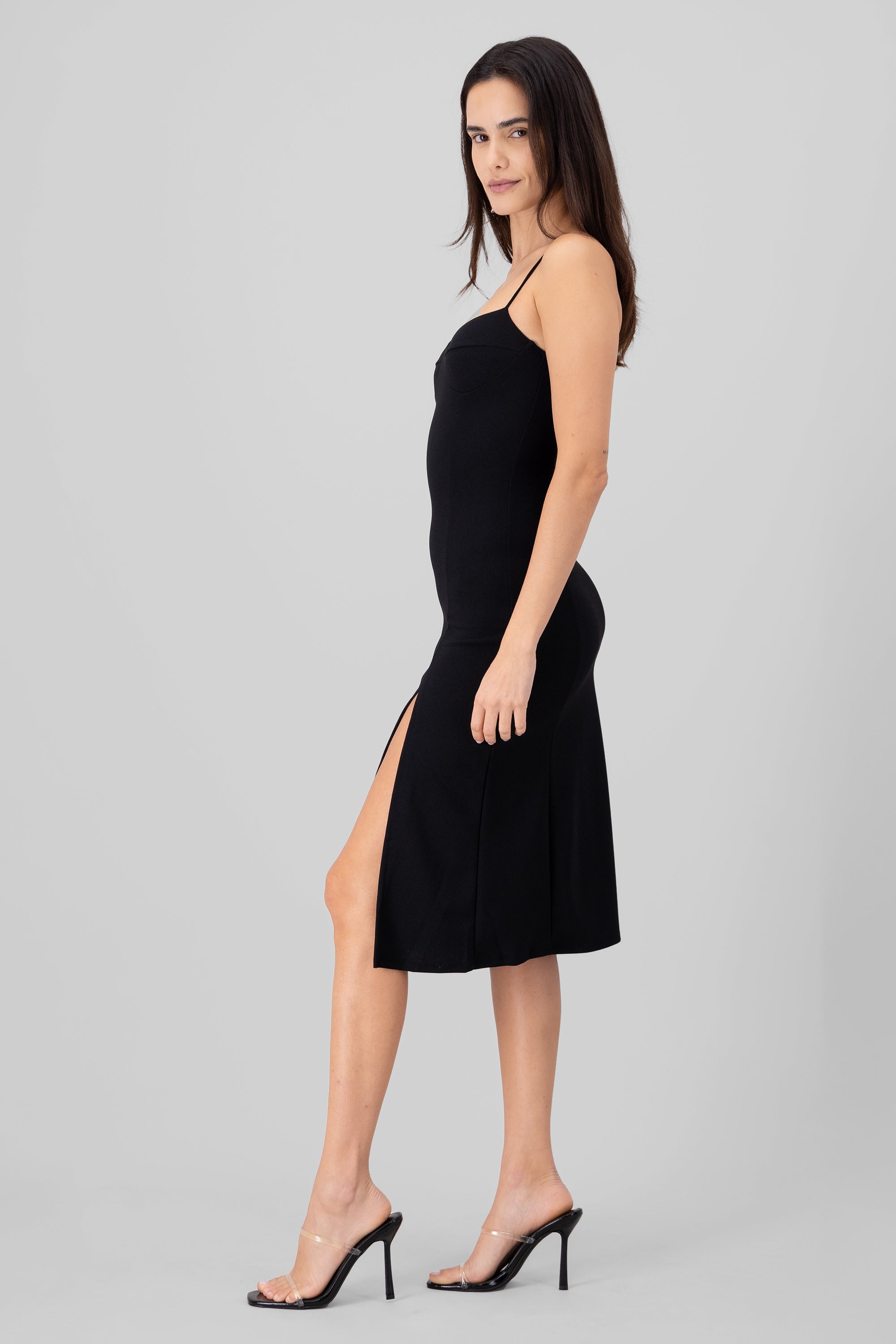 Cascade Neckline Satin Midi Dress BLACK