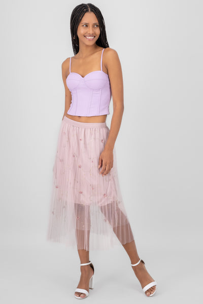 Flower Embroidery Mesh Midi Skirt PINK COMBO