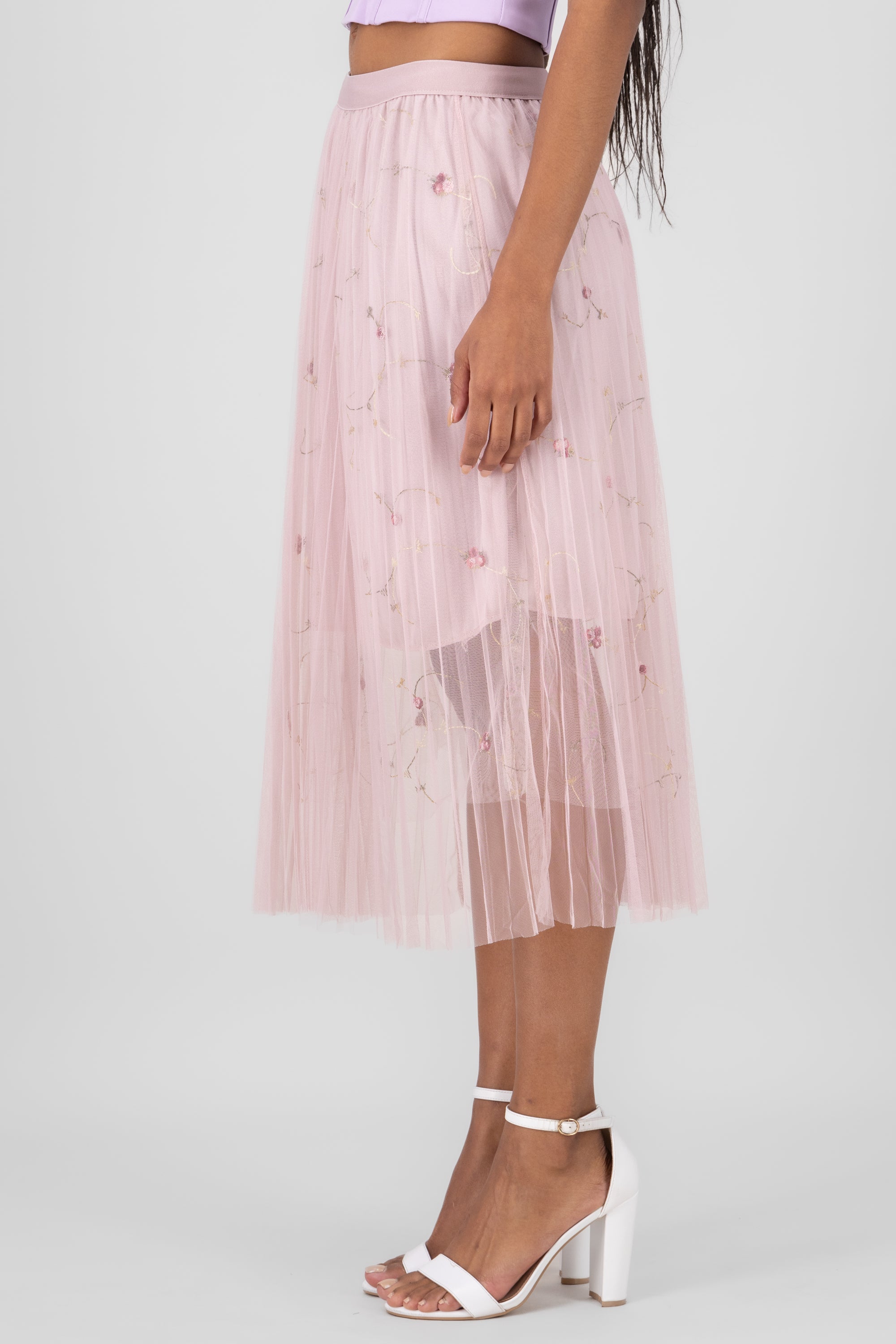 Flower Embroidery Mesh Midi Skirt PINK COMBO