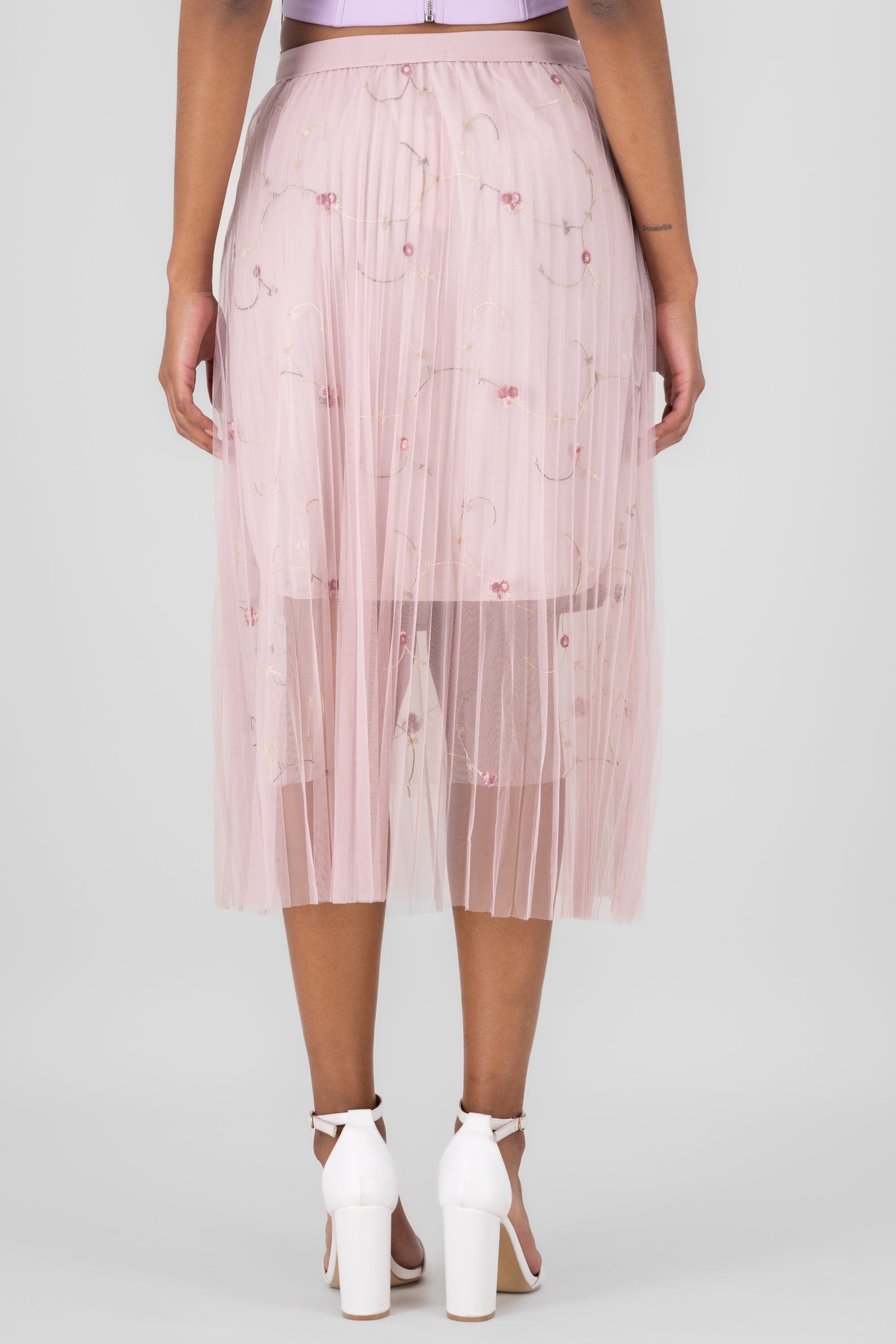 Flower Embroidery Mesh Midi Skirt PINK COMBO