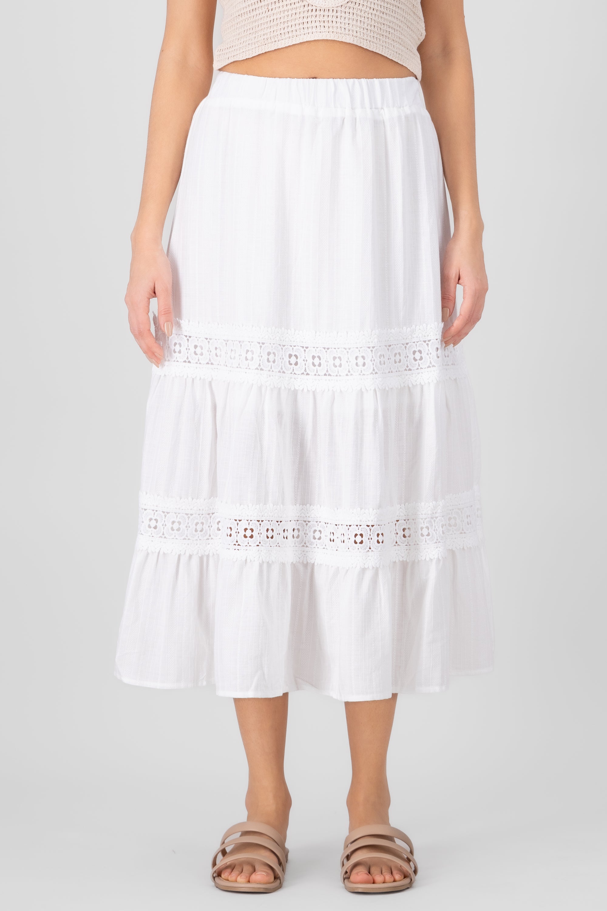 Crochet Detail Midi Skirt WHITE