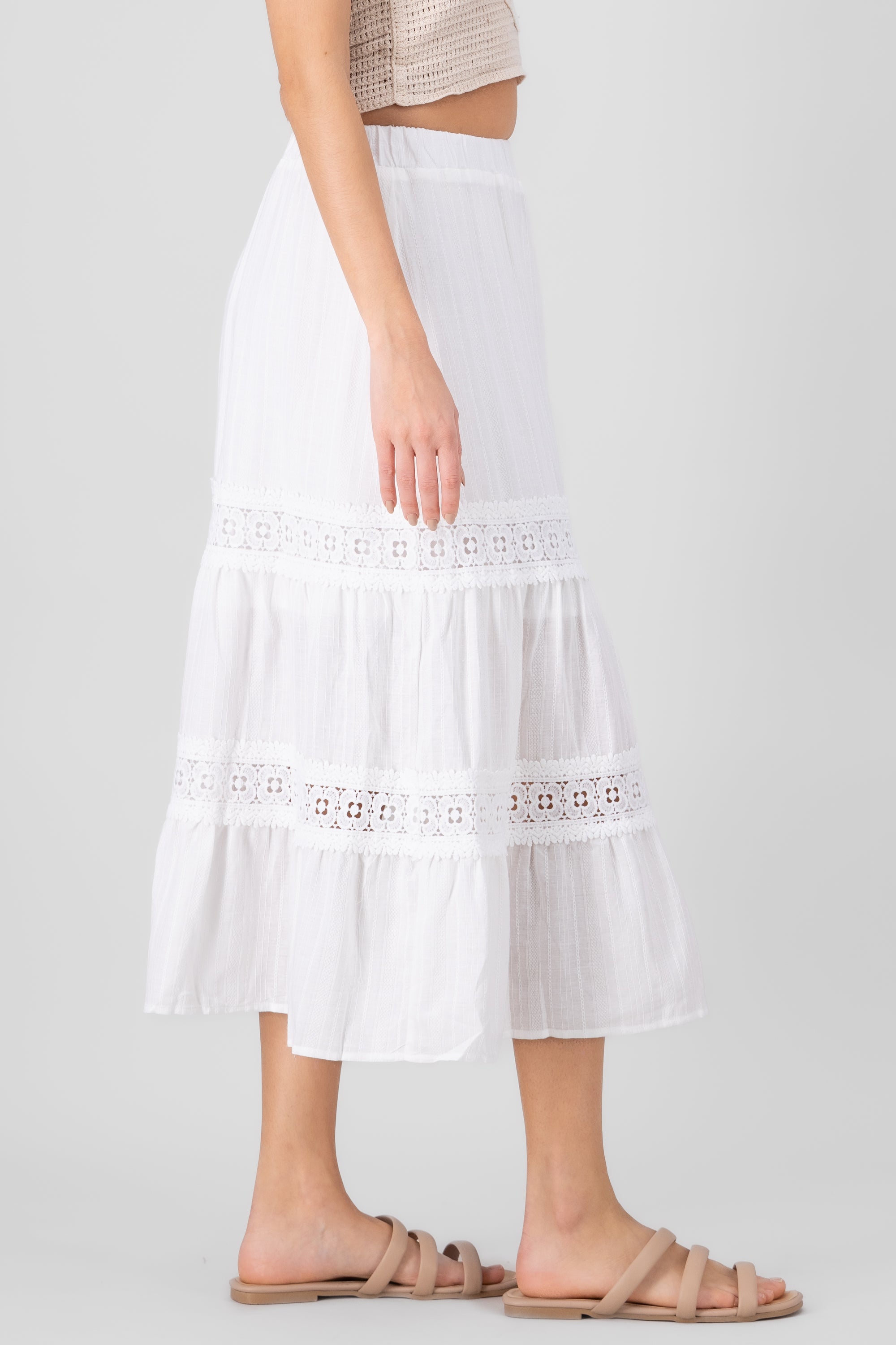 Crochet Detail Midi Skirt WHITE