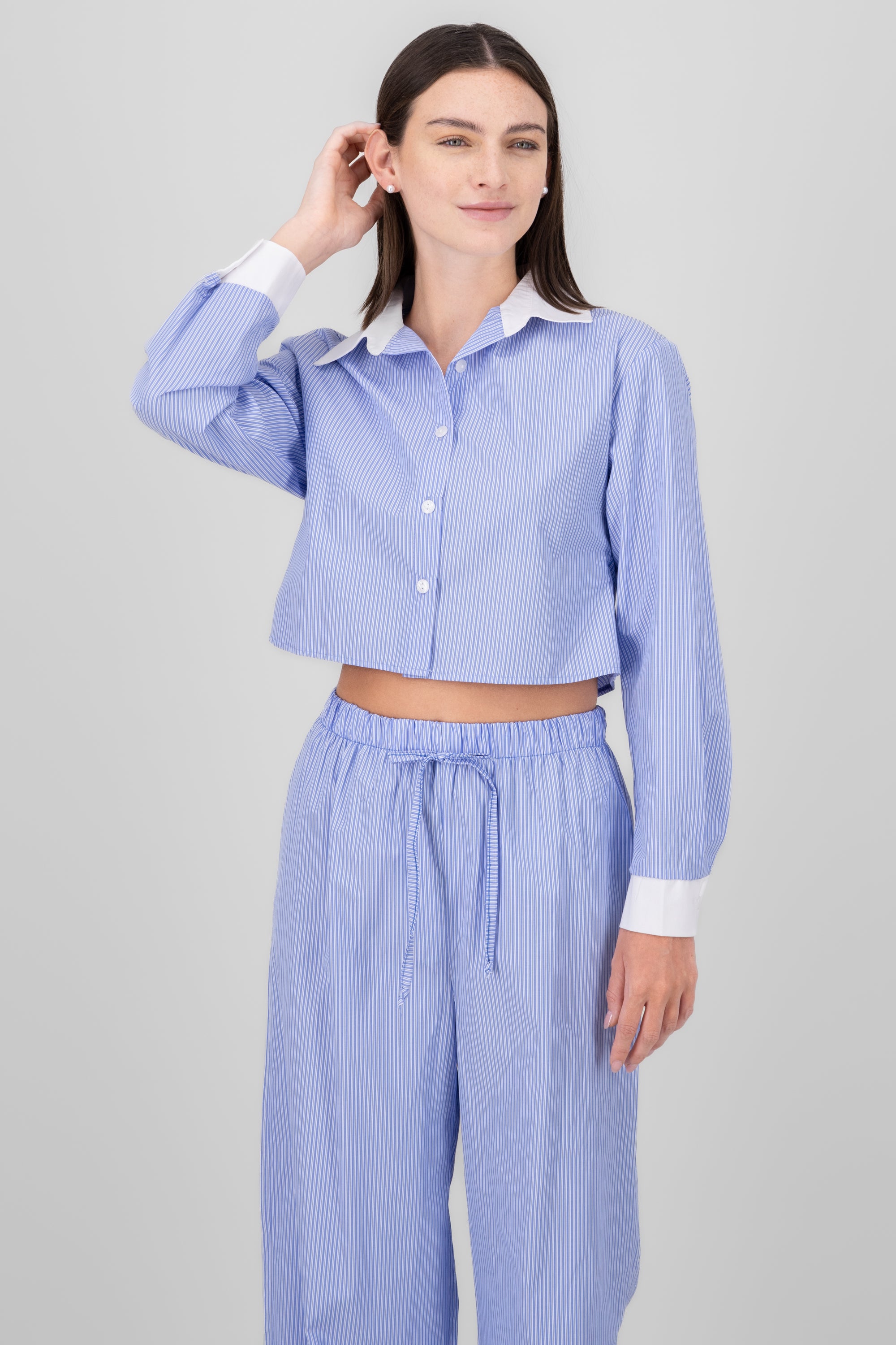 Contrast Collar Crop Stripped Blouse BLUE COMBO