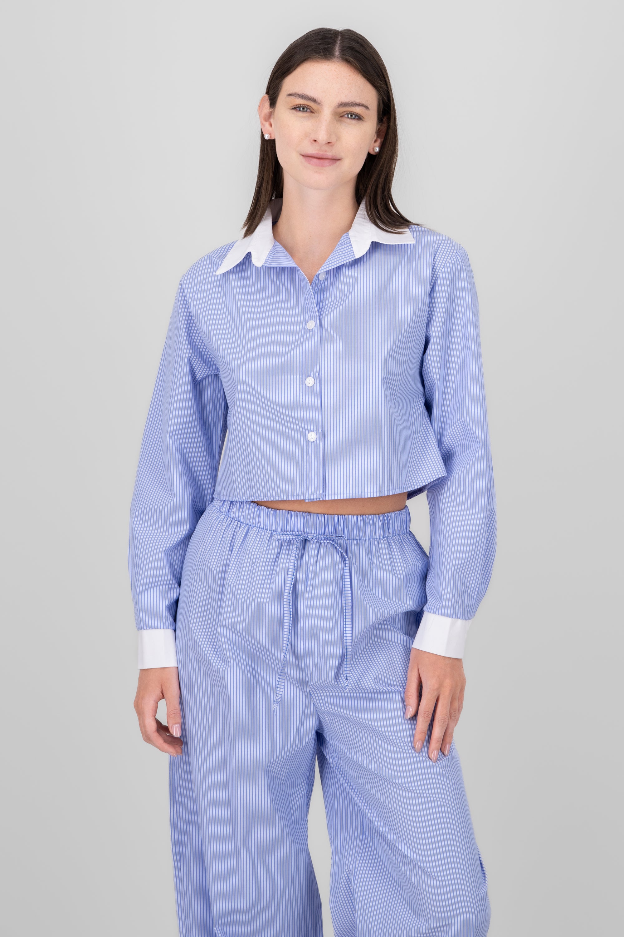 Contrast Collar Crop Stripped Blouse BLUE COMBO