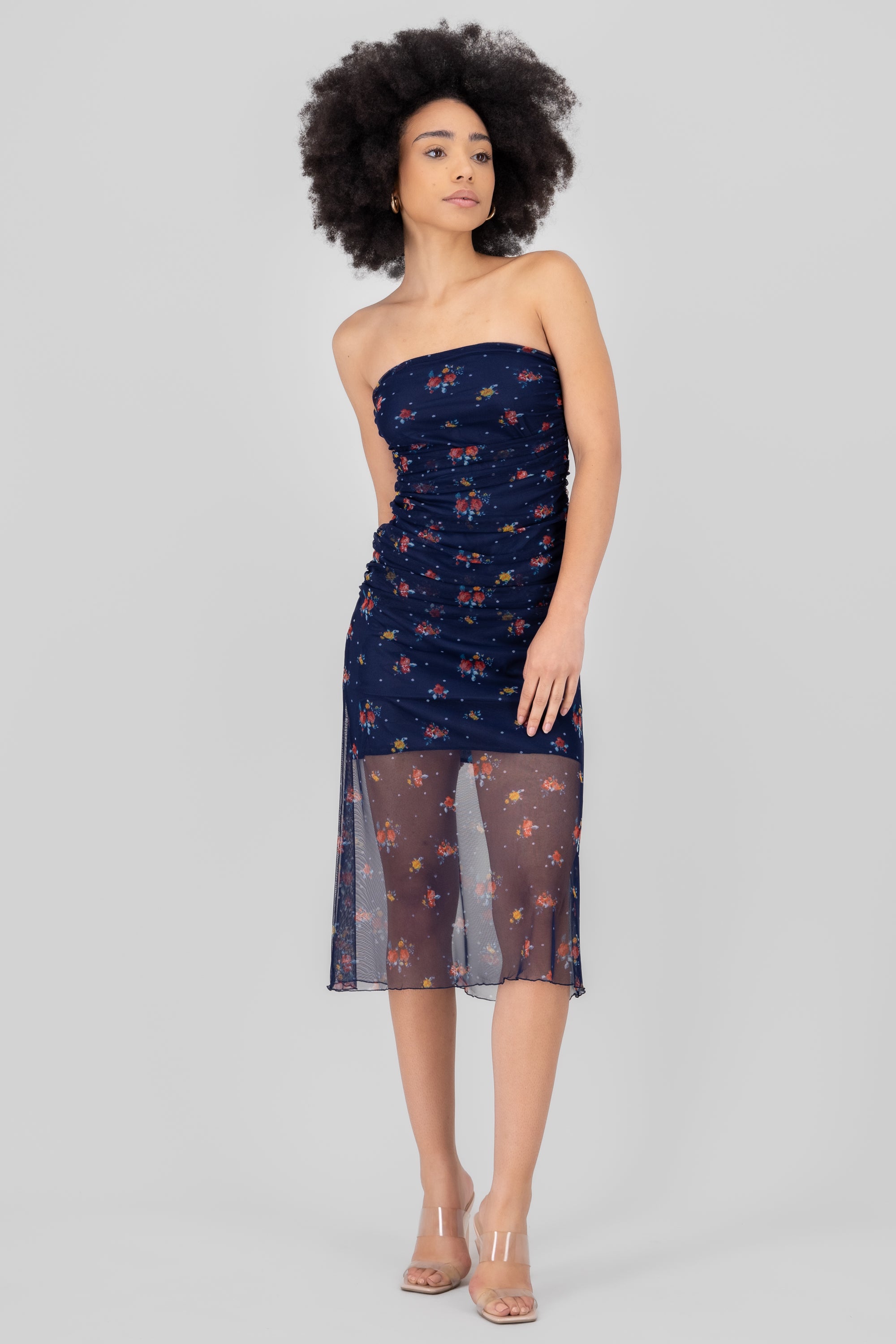 Mesh Drapped Floral Dress NAVY COMBO