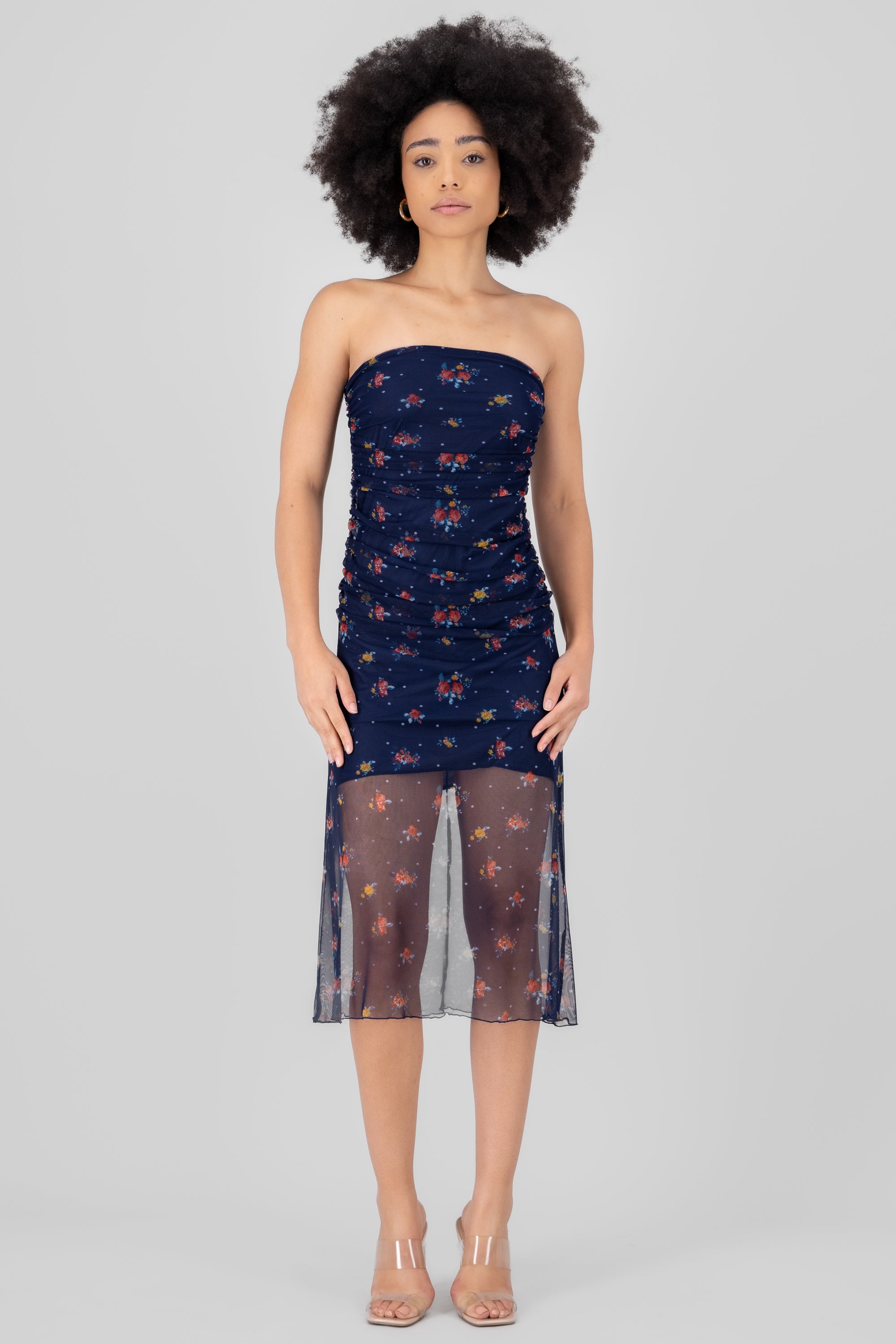 Mesh Drapped Floral Dress NAVY COMBO