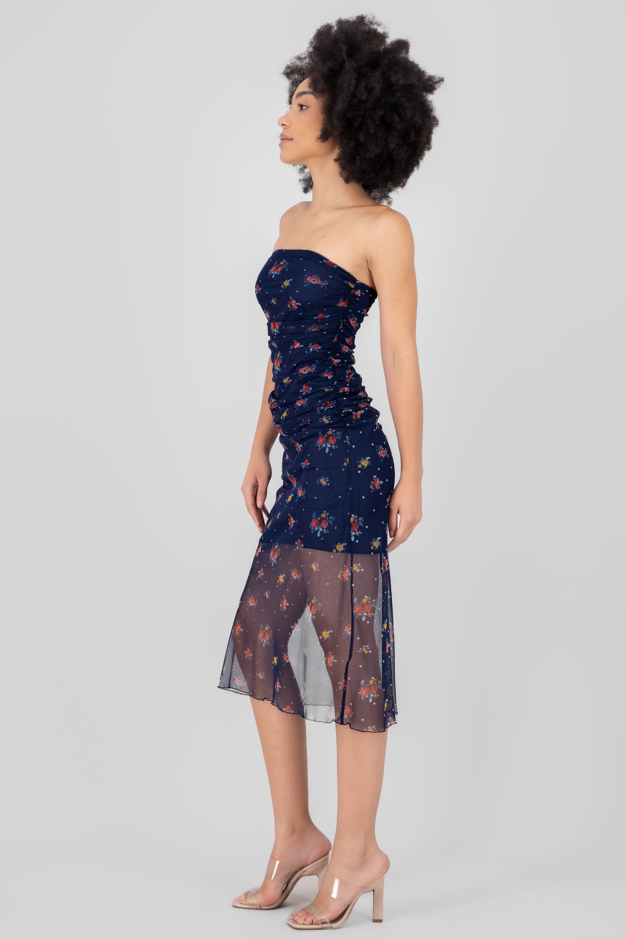 Mesh Drapped Floral Dress NAVY COMBO