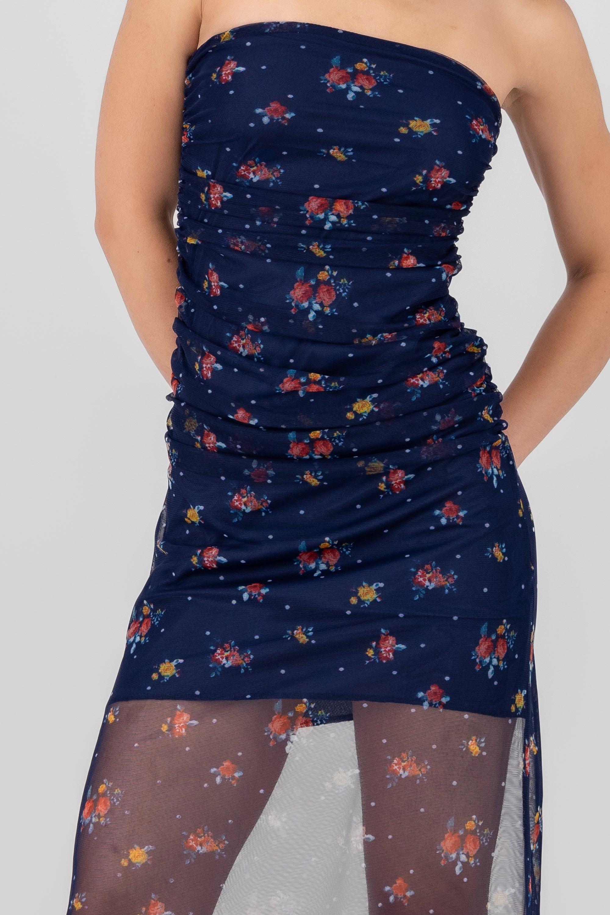 Mesh Drapped Floral Dress NAVY COMBO