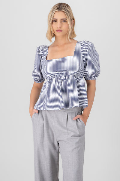 Puff Sleeve Stripped Blouse NAVY COMBO