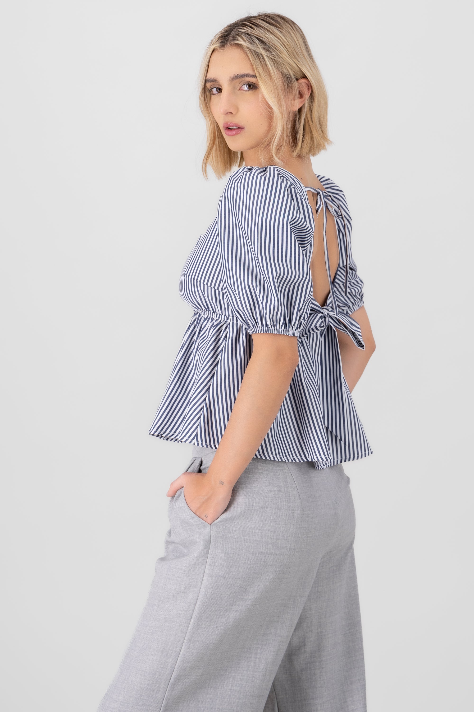 Puff Sleeve Stripped Blouse NAVY COMBO