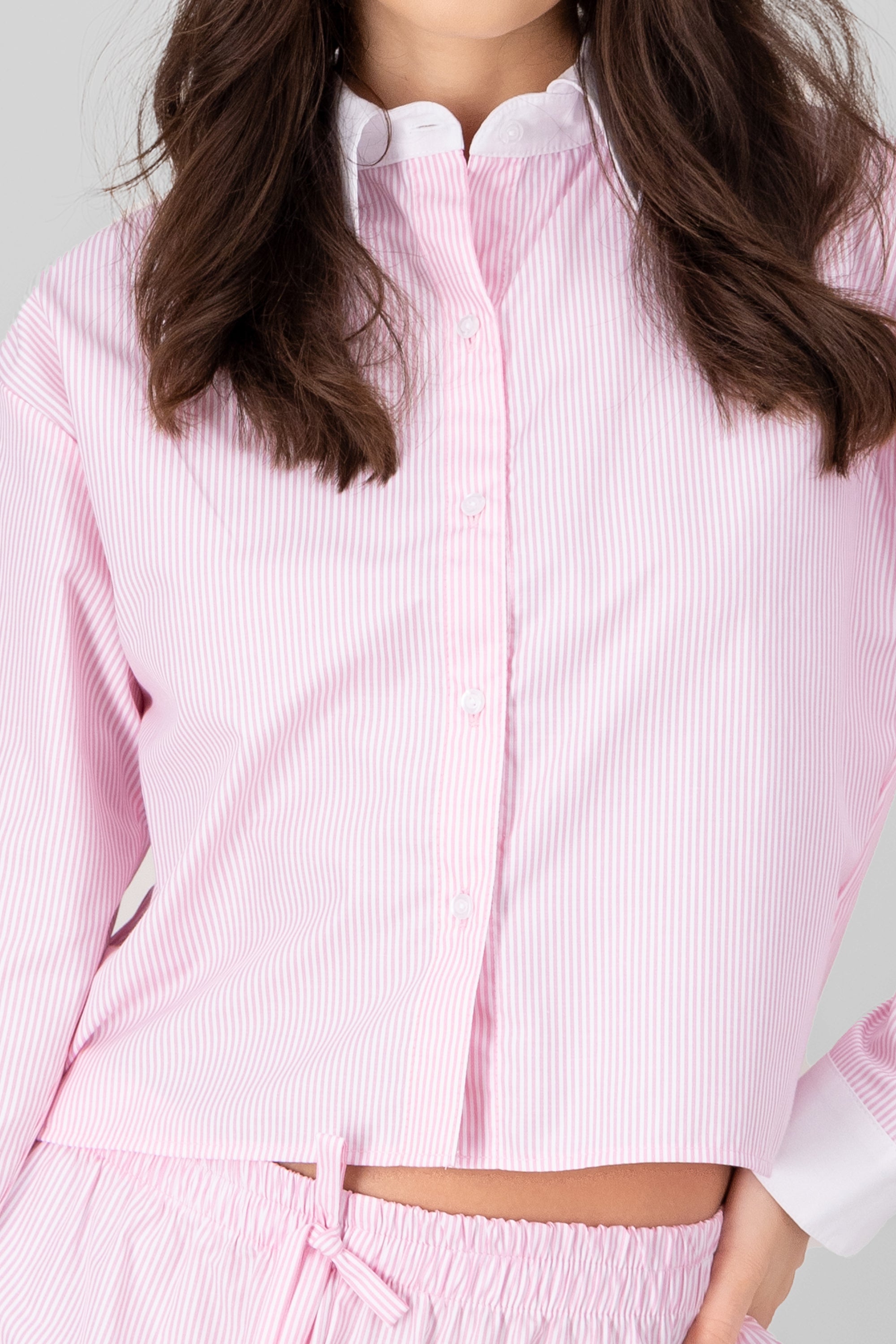 Contrast Collar Striped Crop Shirt PINK COMBO