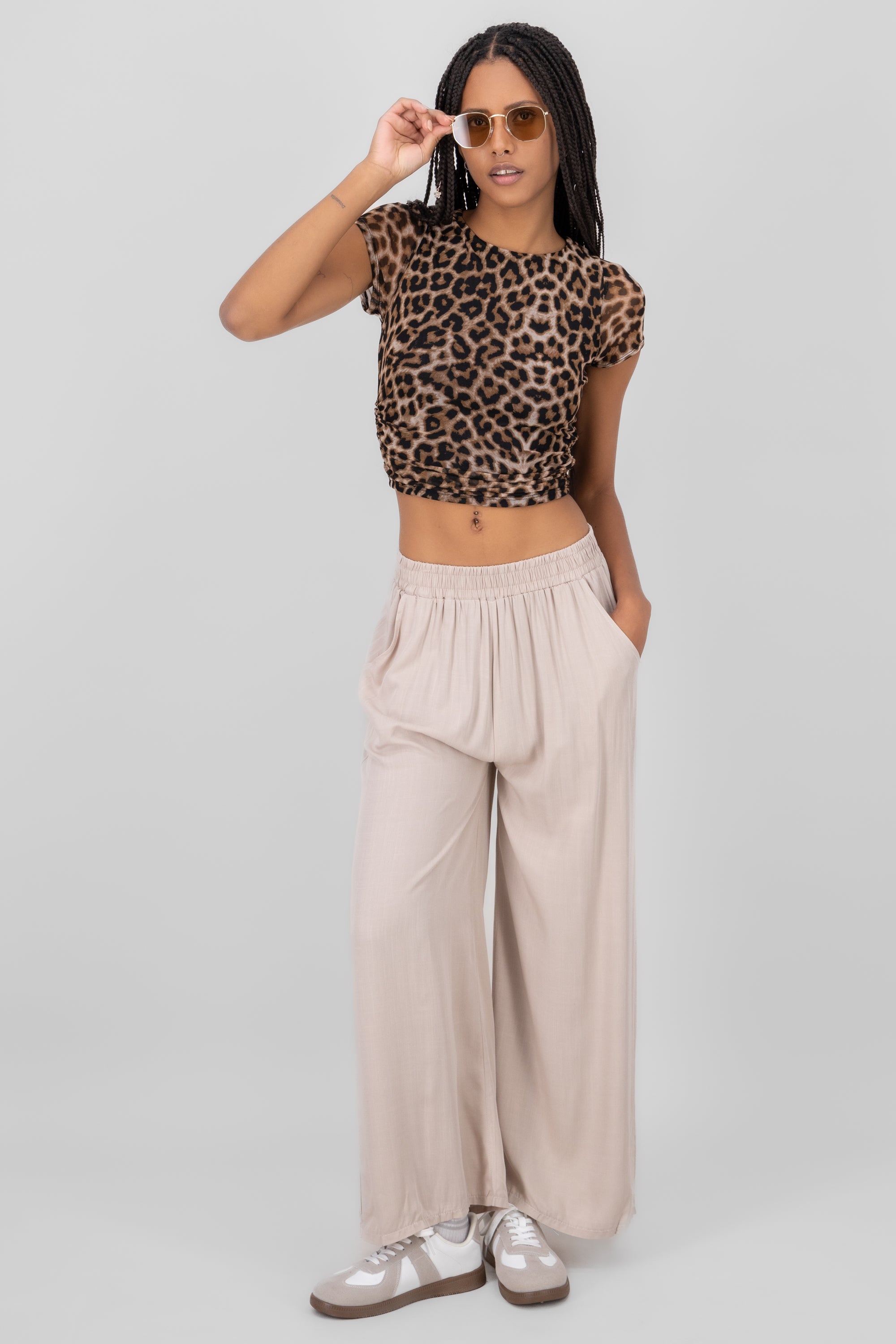 Wide Leg Elastic Waistband Pants BEIGE