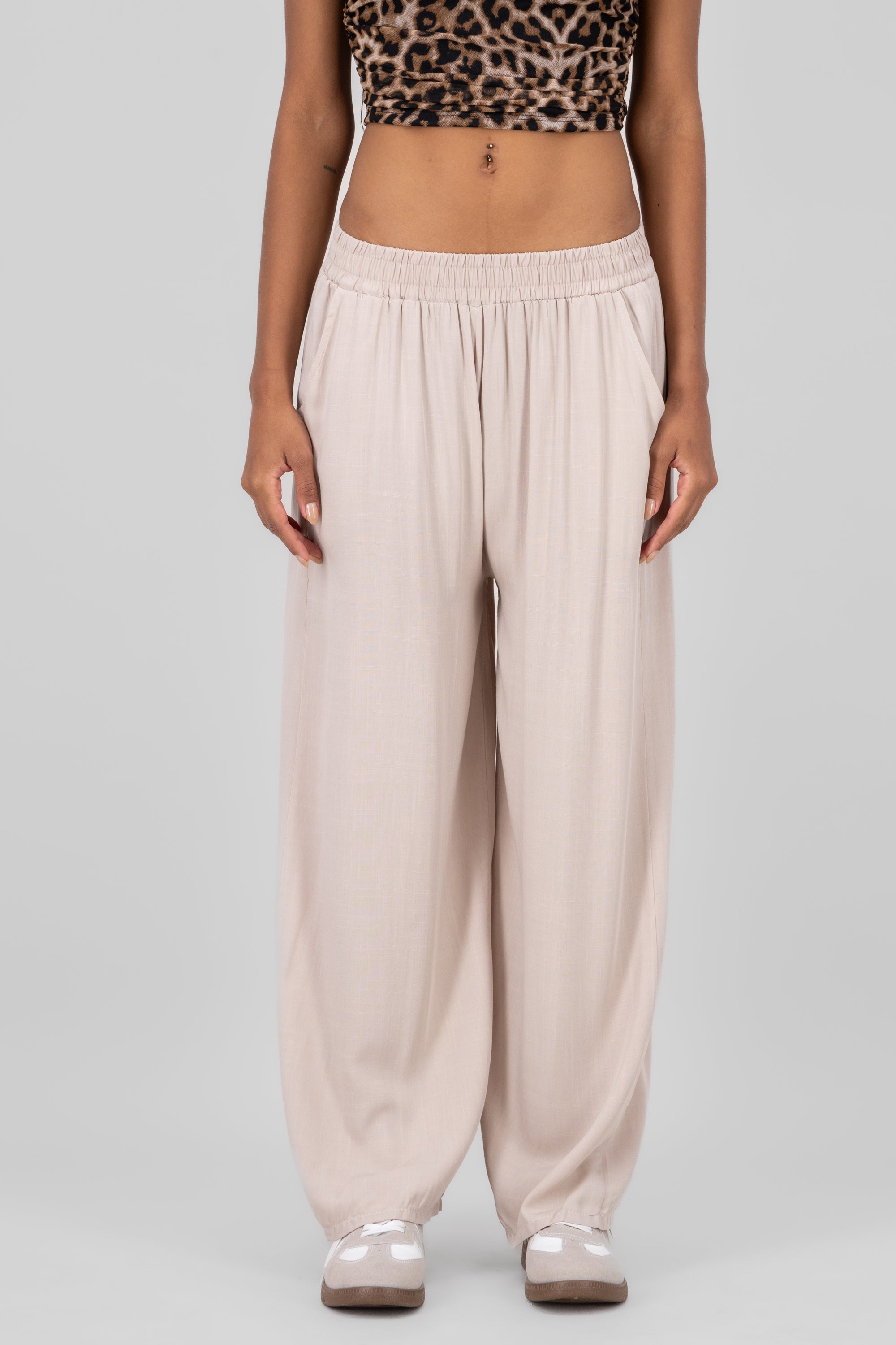 Wide Leg Elastic Waistband Pants BEIGE