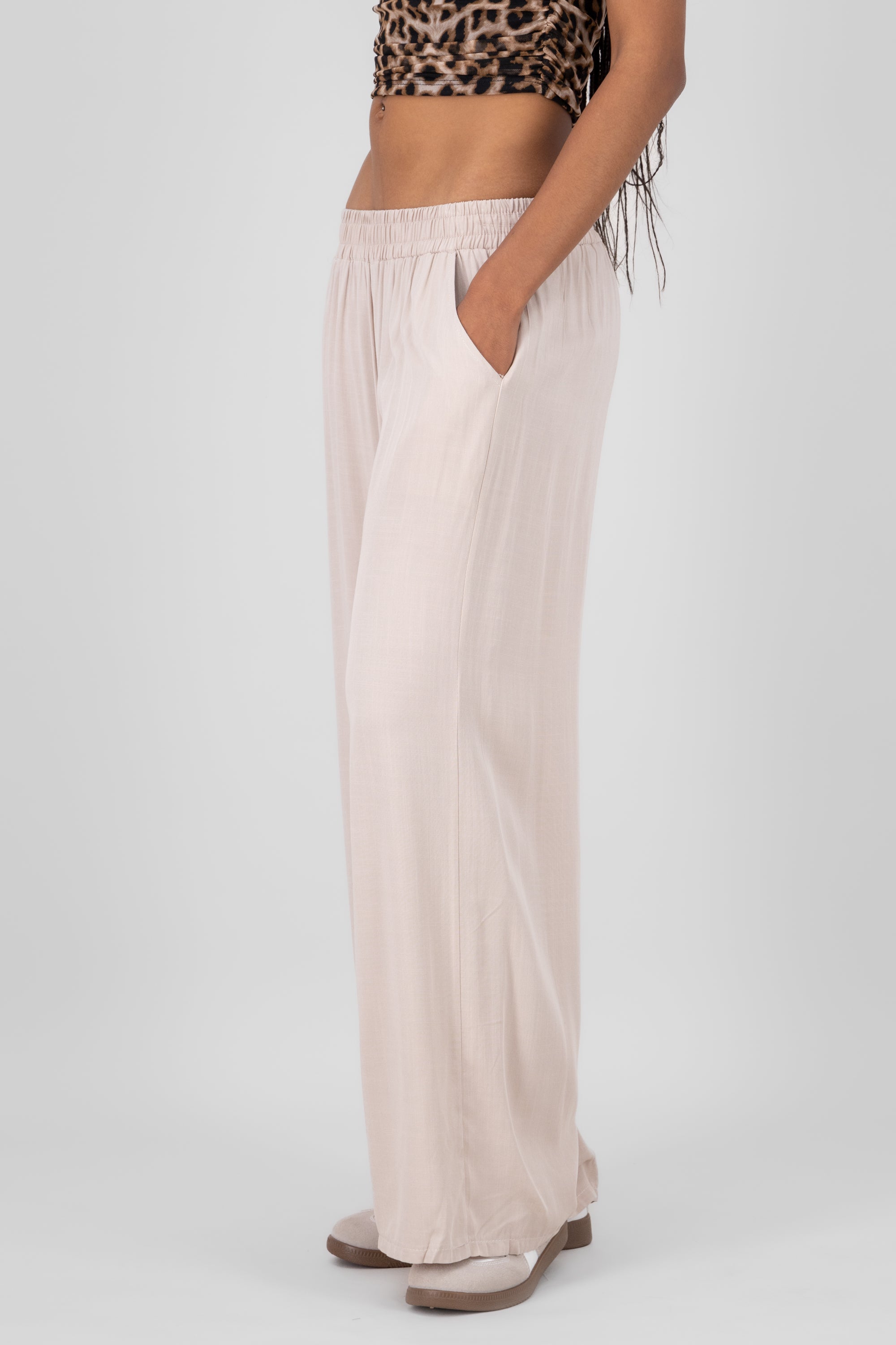 Wide Leg Elastic Waistband Pants BEIGE