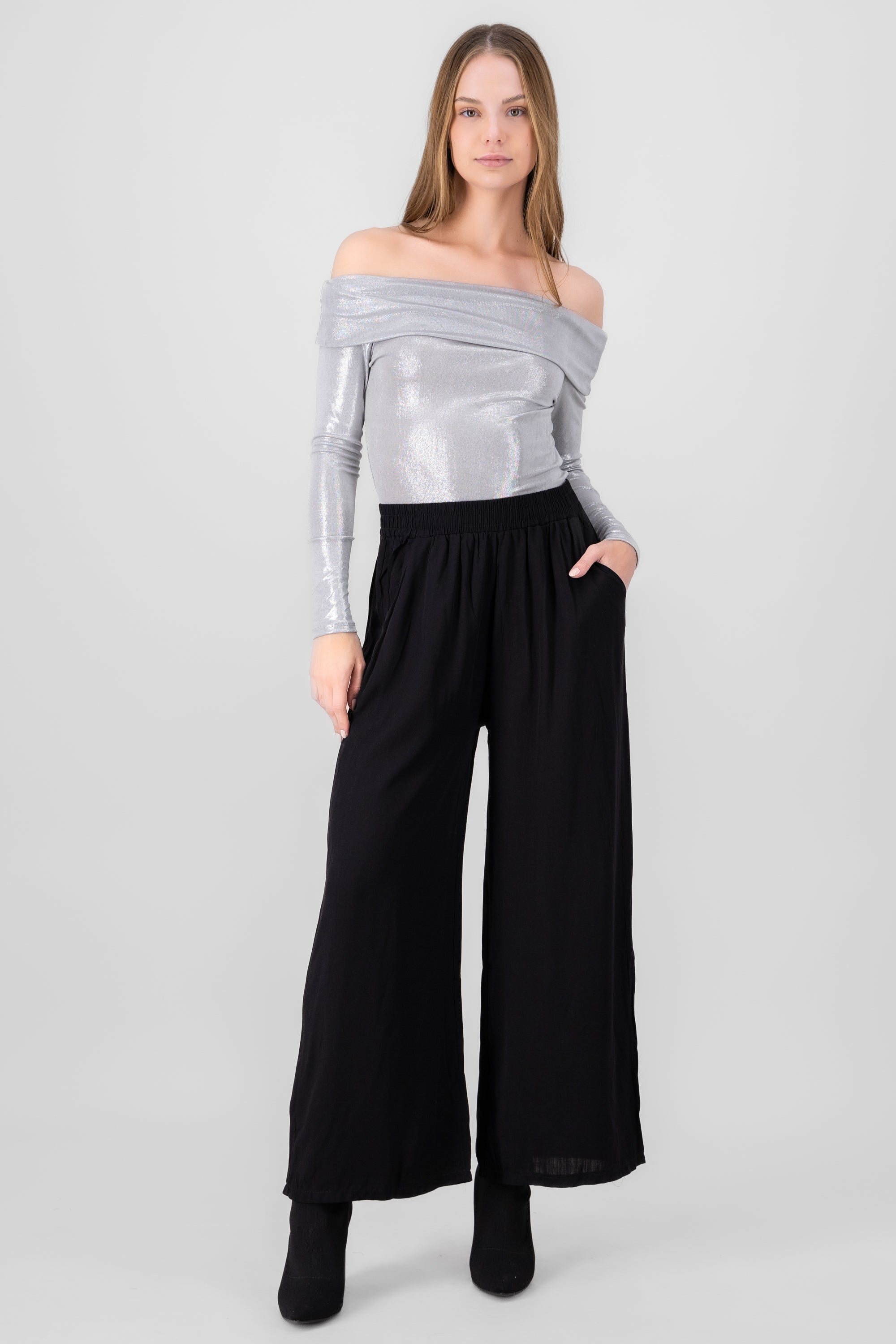 Wide Leg Elastic Waistband Pants BLACK