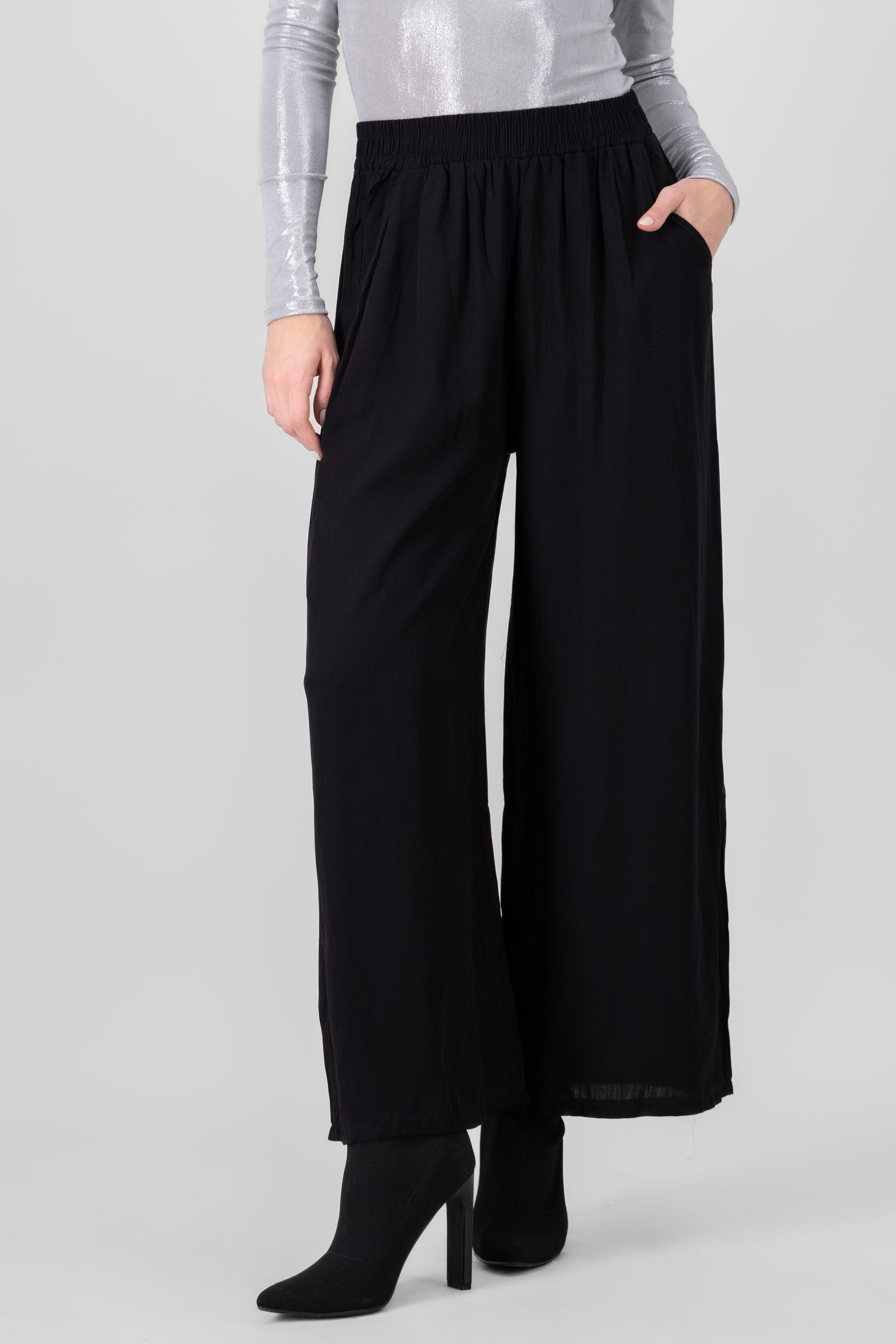 Wide Leg Elastic Waistband Pants BLACK