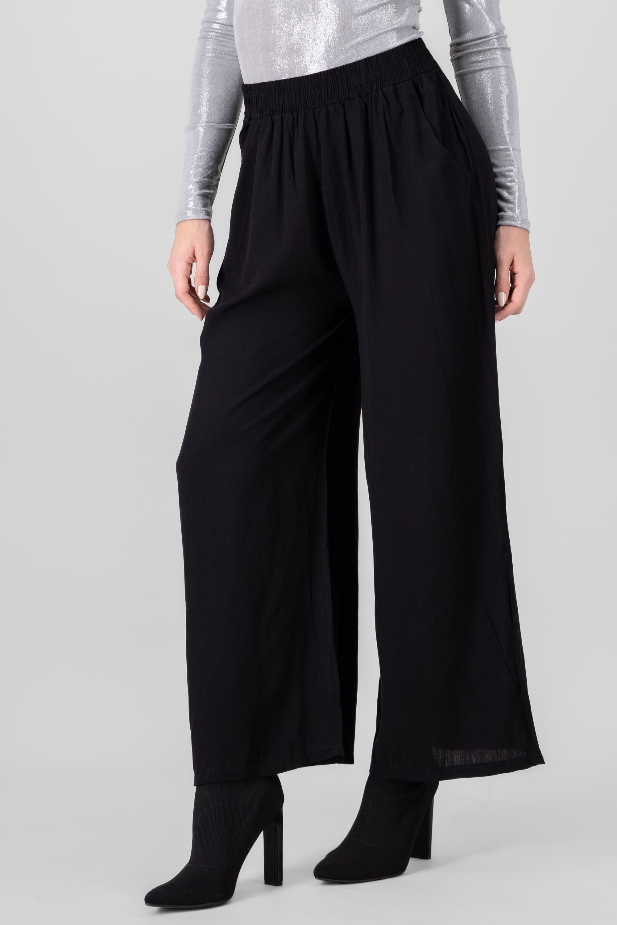 Wide Leg Elastic Waistband Pants BLACK