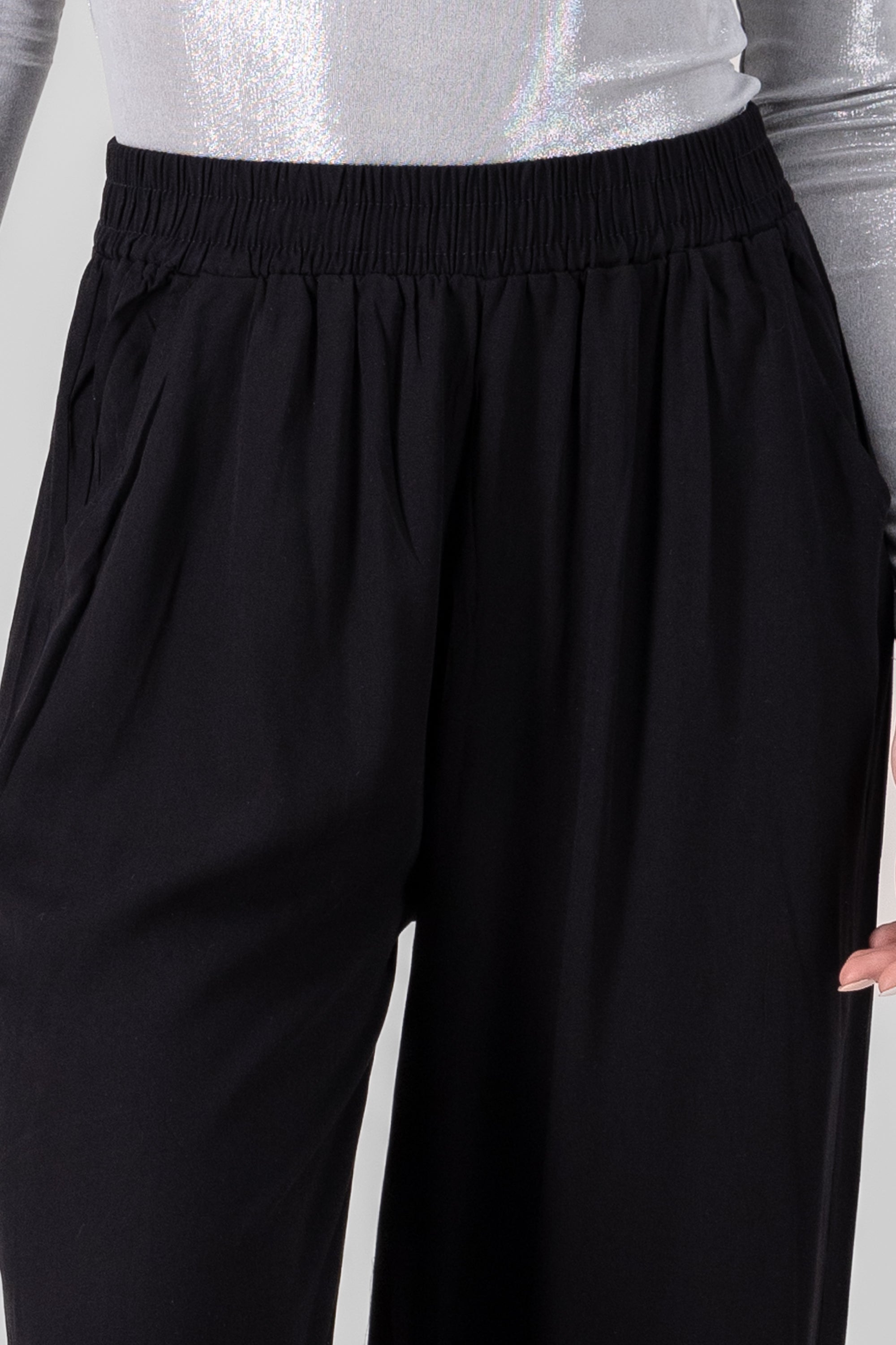 Wide Leg Elastic Waistband Pants BLACK