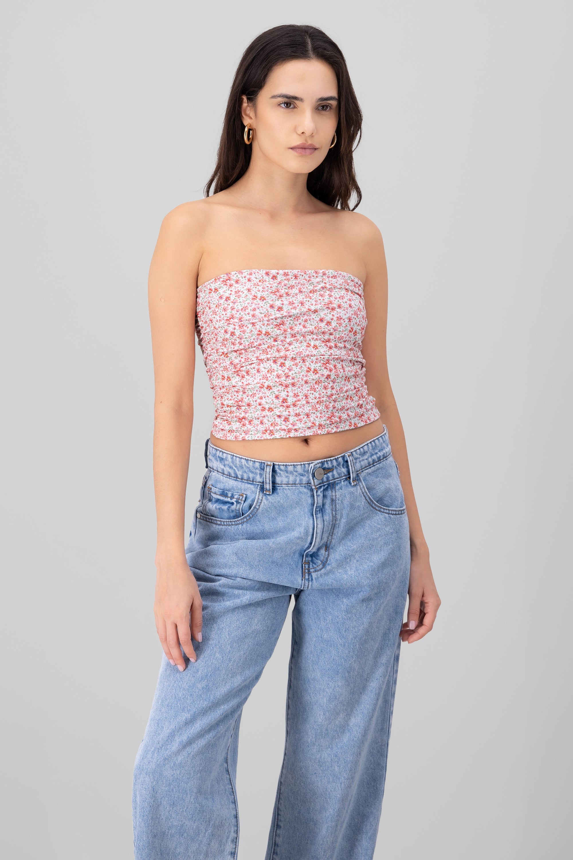 Drapped Floral Tube Top PINK COMBO