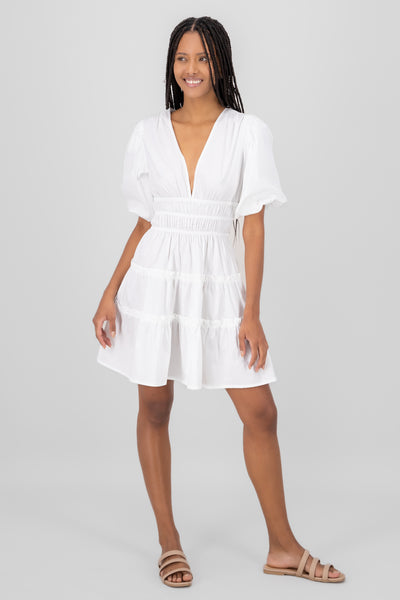 Puff Sleeved Mini Dress WHITE