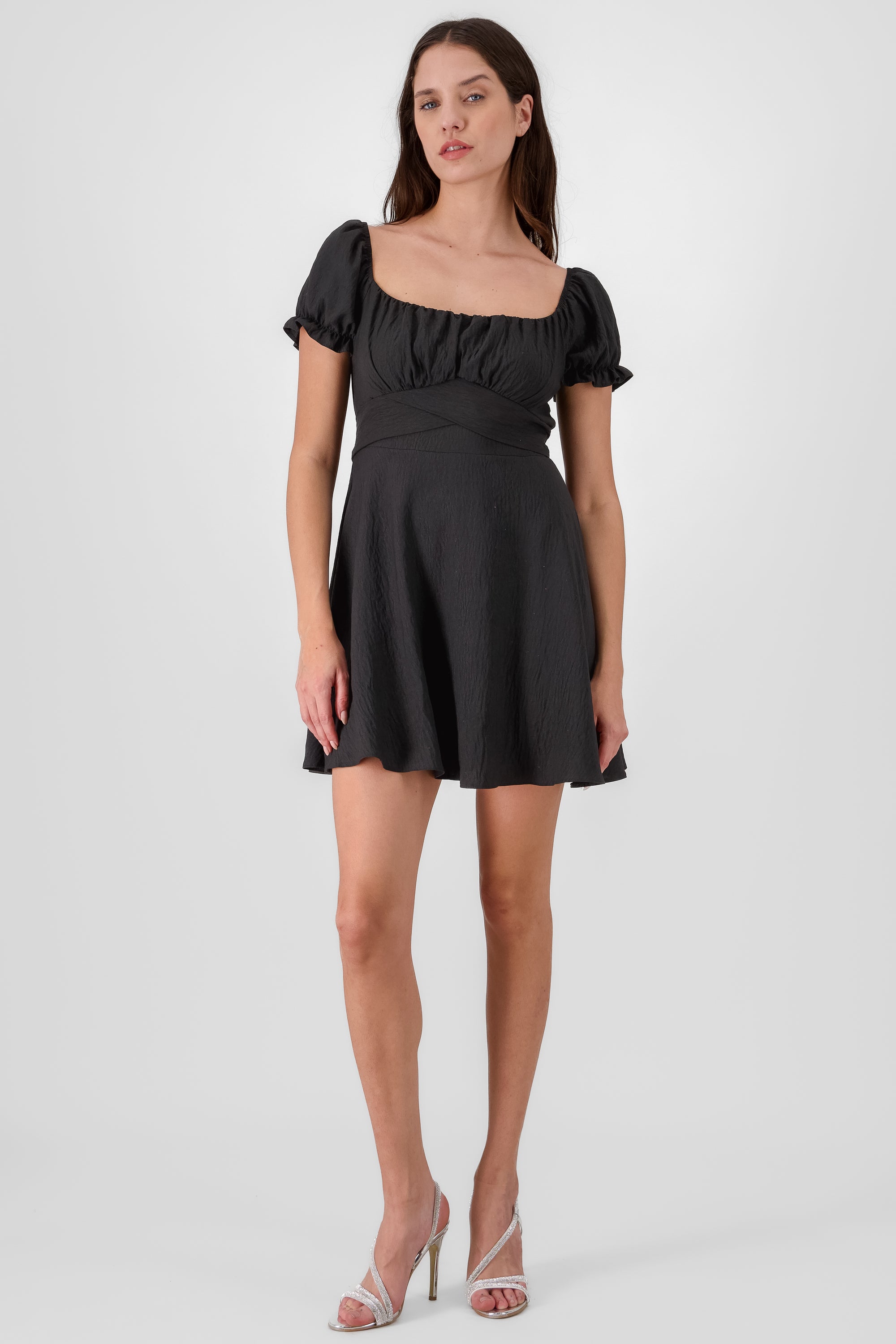 Solid Puff Sleeve Mini Dress BLACK