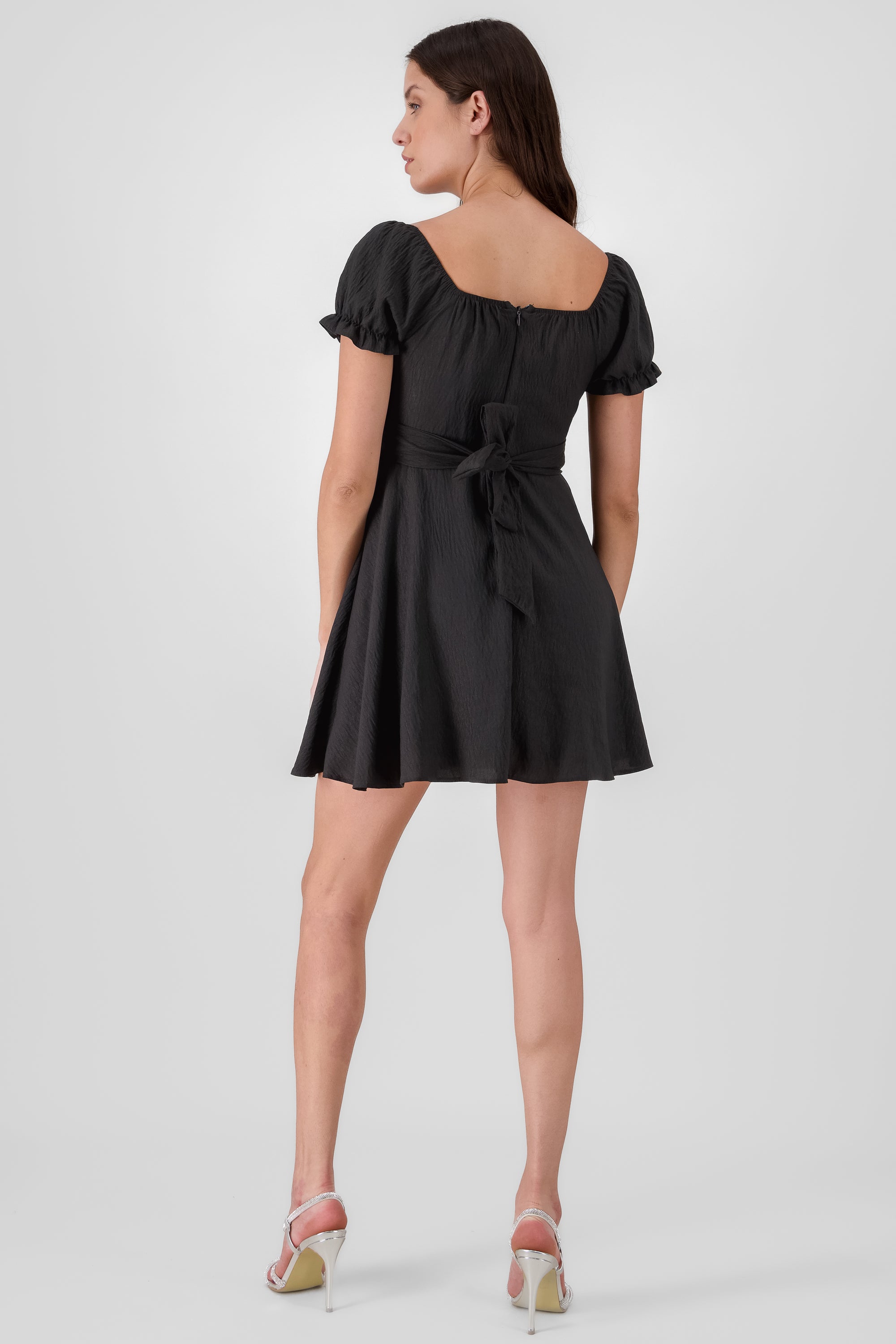 Solid Puff Sleeve Mini Dress BLACK