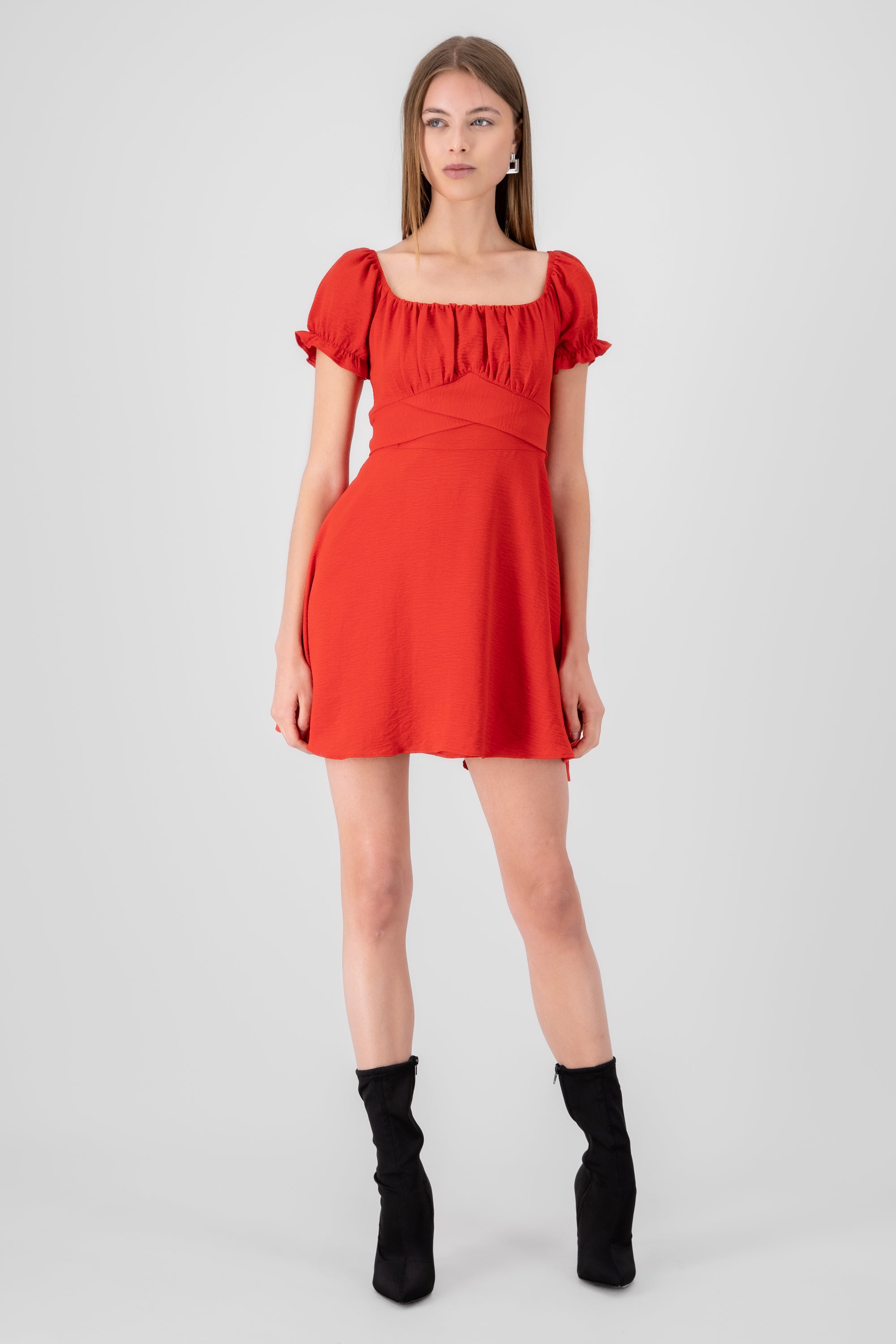 Solid Puff Sleeve Mini Dress RED