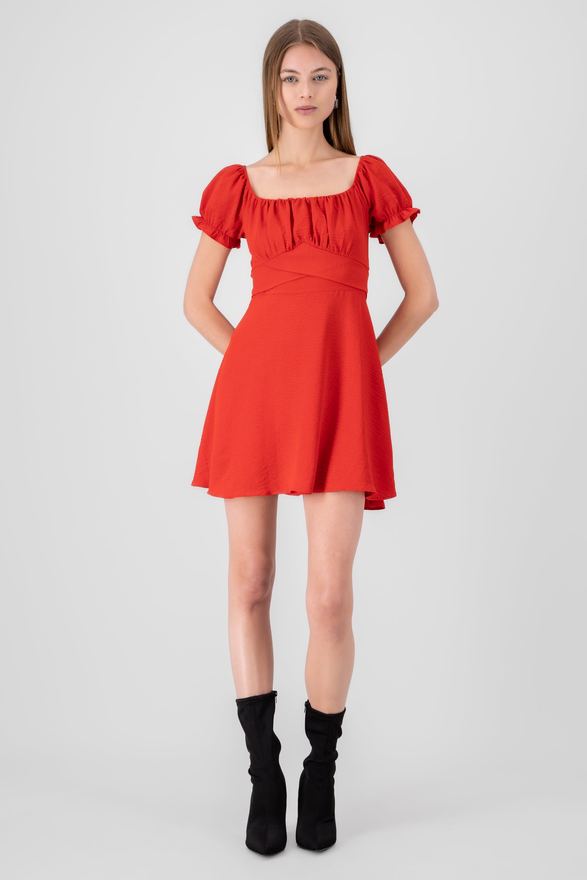 Solid Puff Sleeve Mini Dress RED