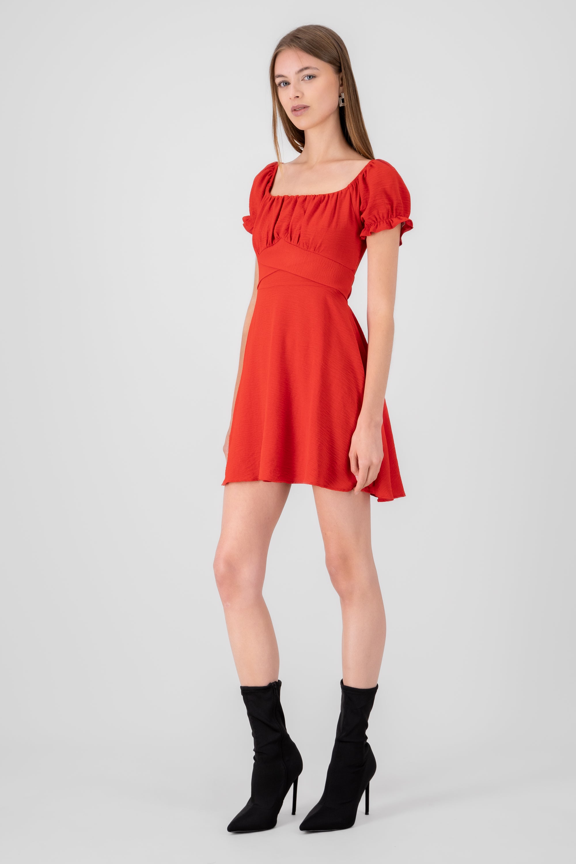 Solid Puff Sleeve Mini Dress RED