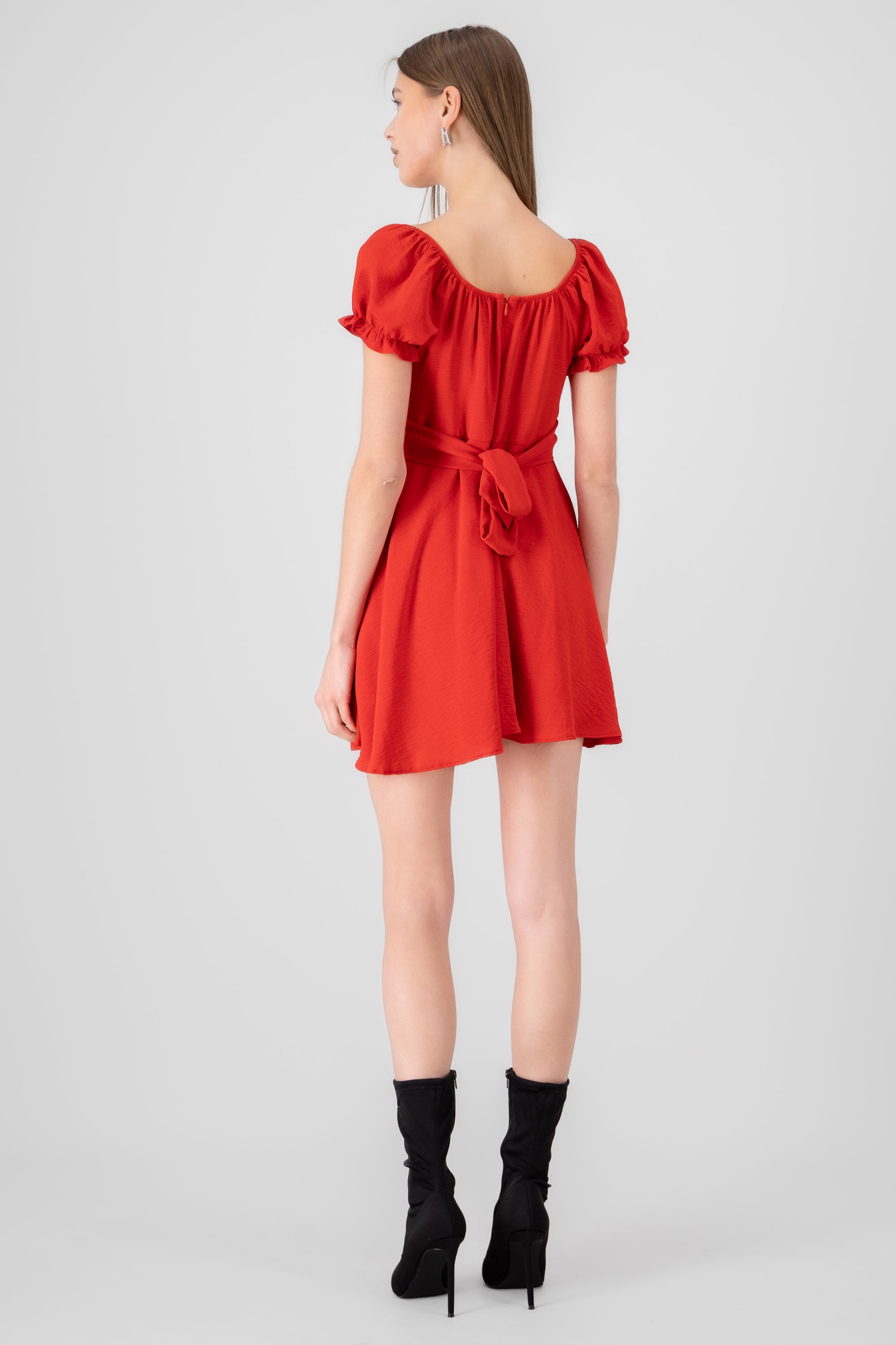 Solid Puff Sleeve Mini Dress RED