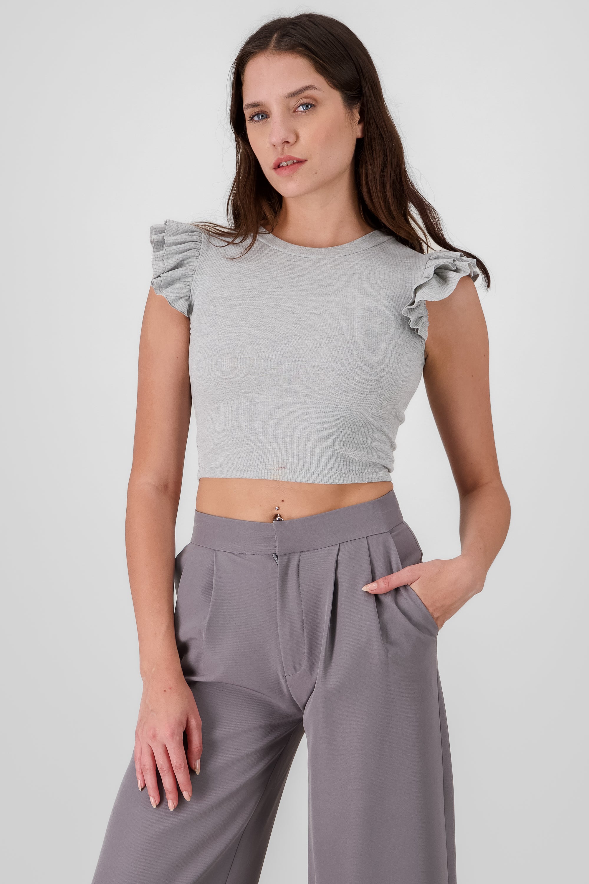 Ribbed Top with Ruffled Sleeves HEATHER GRAY