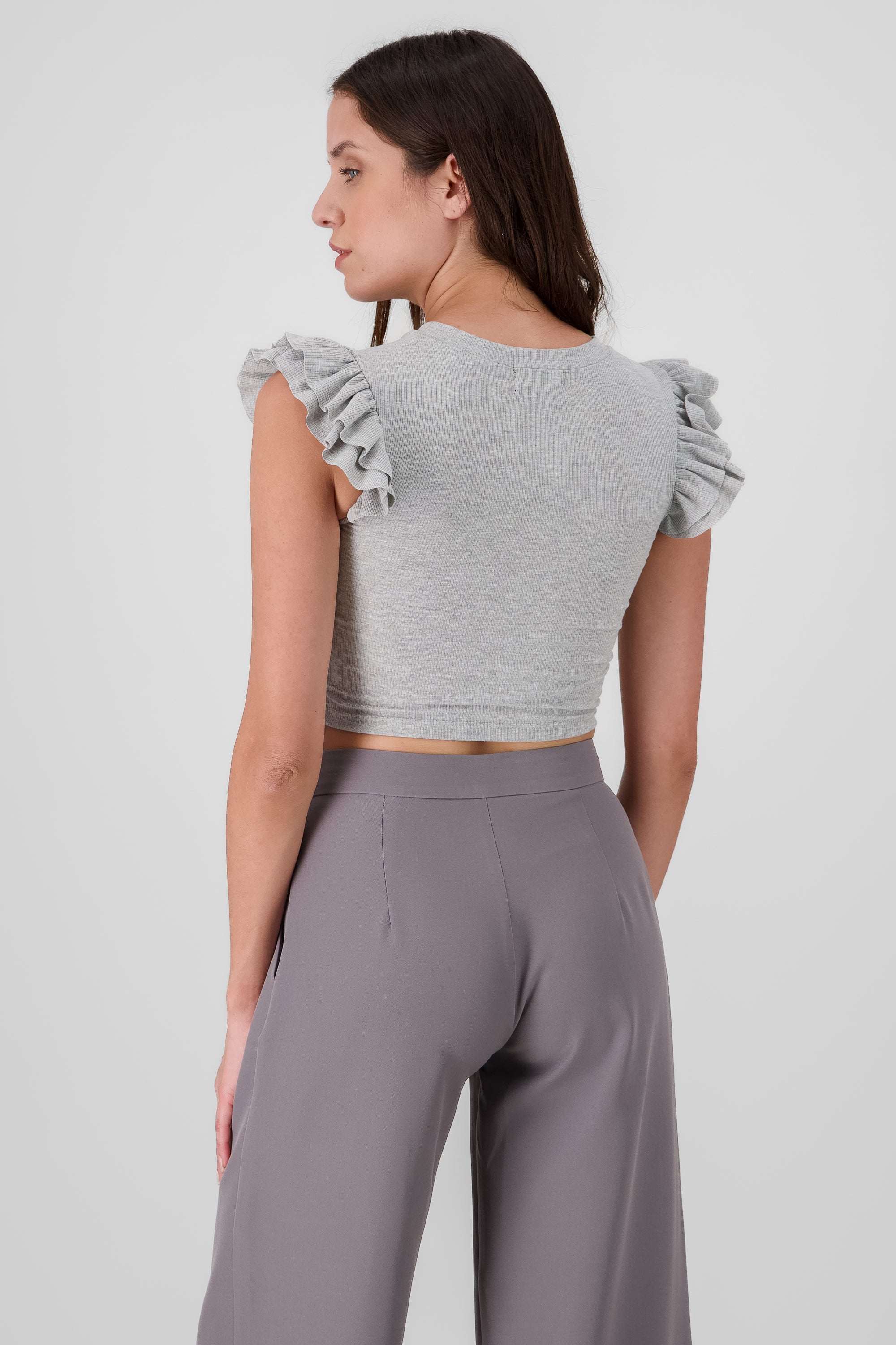 Ribbed Top with Ruffled Sleeves HEATHER GRAY