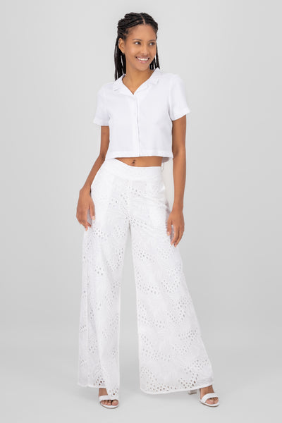 Swiss Embroidery Wide Leg Pants WHITE