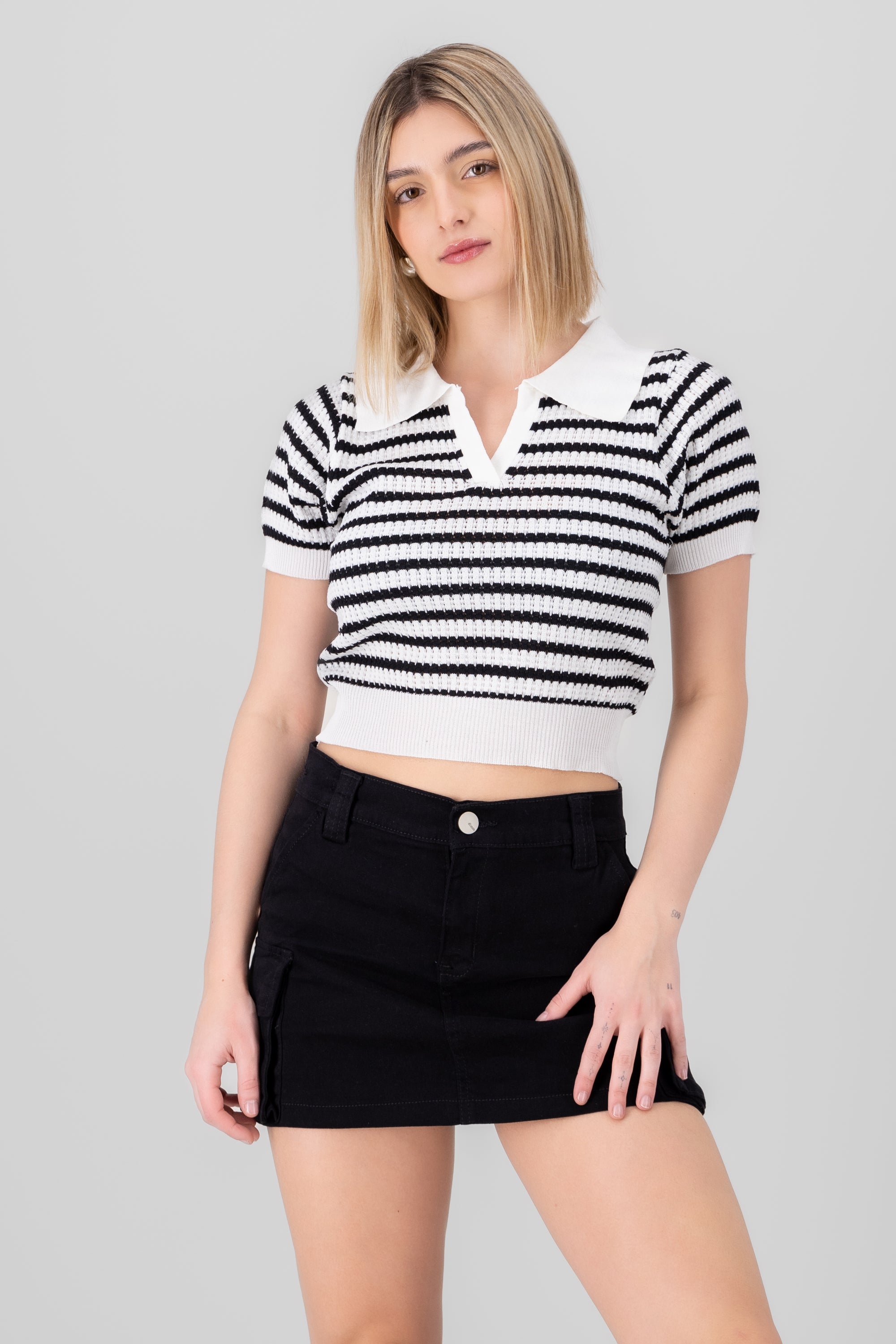 Knit Polo Neck Top BLACK/WHITE