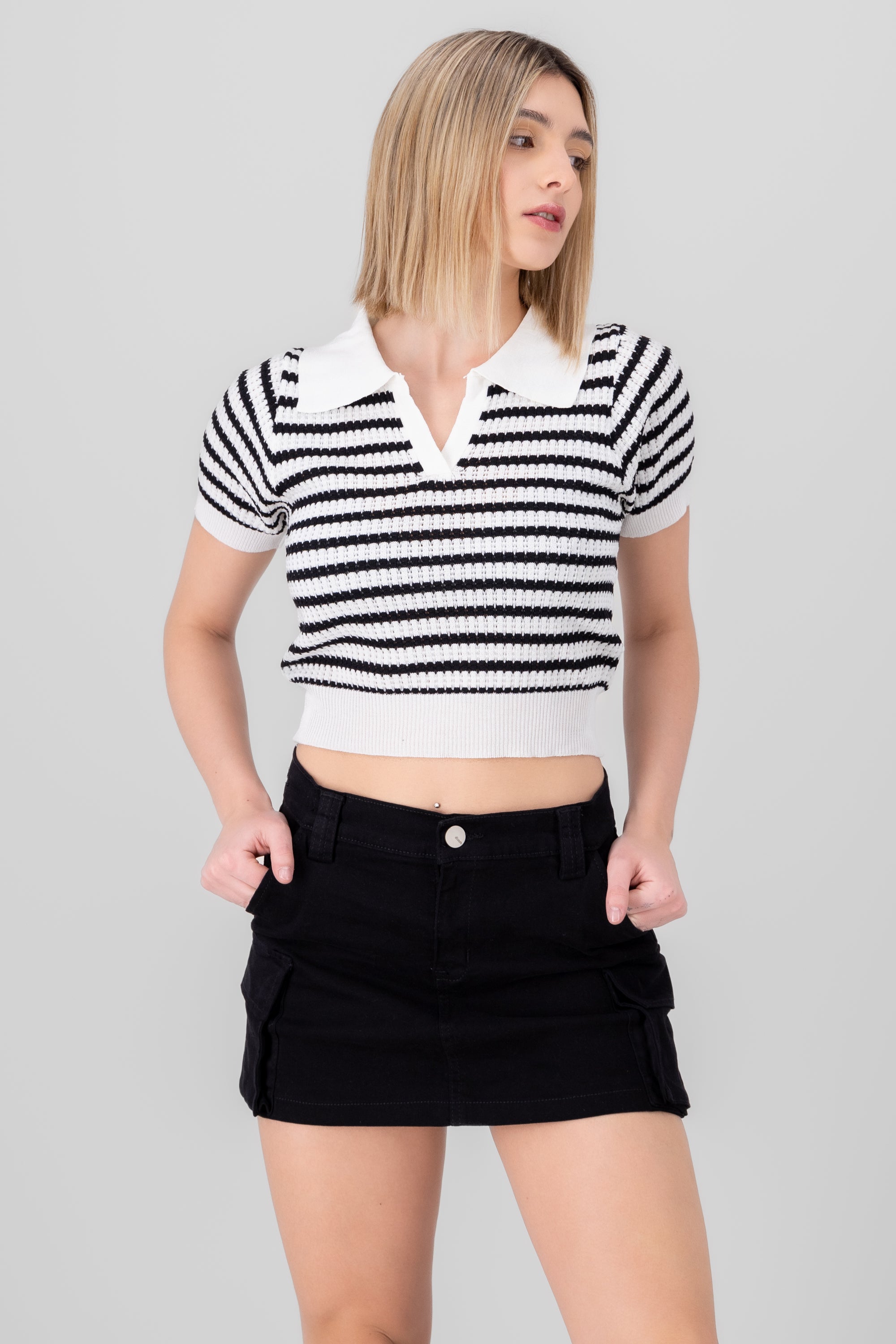 Knit Polo Neck Top BLACK/WHITE